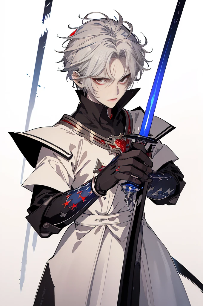 (Best Quality, Masterpiece:1.3), 1 male, short silver hair, bright pupils, parted hair, white mantle with red and blue accents, expressionless, He holds 2 swords in his hands, One with a blue flame, the other with a red flame,