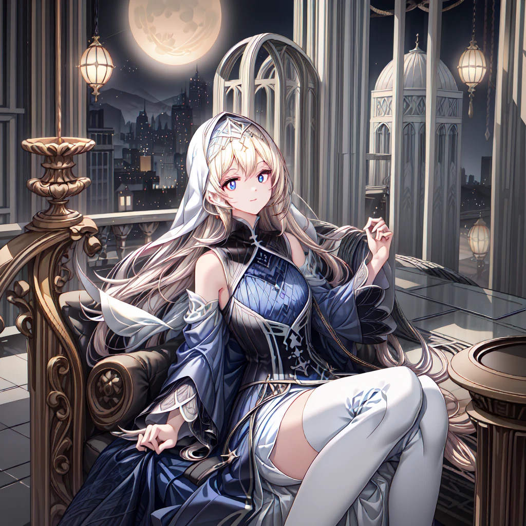 chies,one-girl,long white-blond hair,Blue pupils,hijabi sluty,Split Sister Dress,ssmile,Half open eyeeautiful skins,Glowing skin,Bigchest,moody light,and the sun was shining brightly,8k,hyper-detailing,tmasterpiece