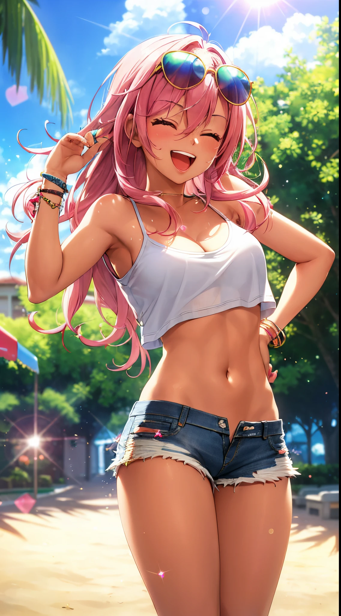 Masterpiece, best quality, high quality, ultra detailed, girl with, hot pink hair, bare navel, ripped denim shorts, (great laughter:1.1), (Open mouth:1.1), (close eyes:1.2), round and tinted sunglasses, crossed legs, Sun glare, Bokeh, depth of fields, Blurry background, light Particle, strong breeze, (particles:1.1), 4K