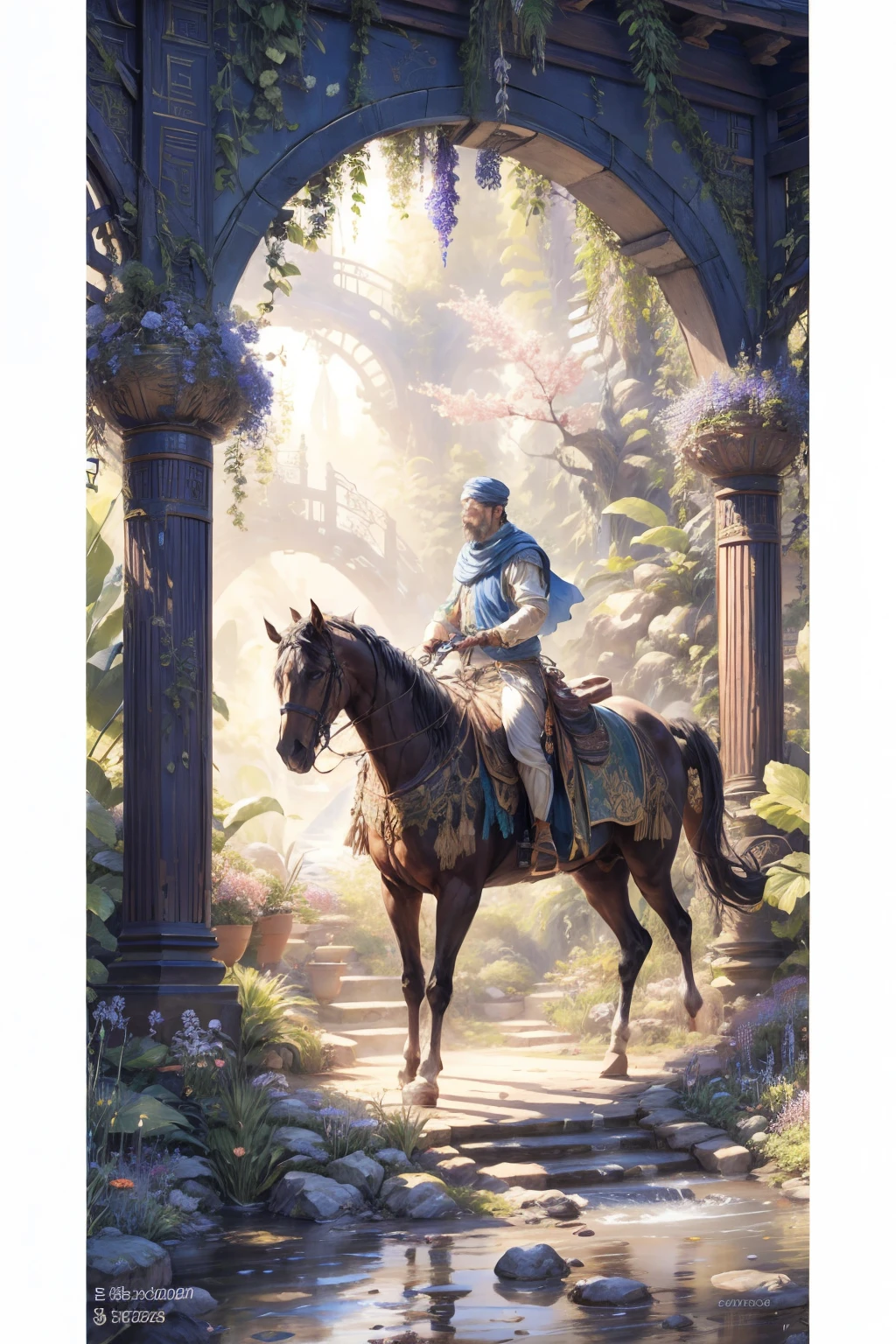 Garden painting with waterfalls and bridges, floral environment, Anime landscape concept art, Anime background art, Magical environment, arte de fundo, landscape artwork, fantasy magical vegetation, fantasy painterly style, whimsical fantasy landscape art, in bloom greenhouse, Beautiful environment, dreamy and detailed, very detailed digital painting, art nouveau jungle environment, the grand temple of flowers,Chinese style elements,an osmanthus tree,Pashtun muslim men, riding horses in front, traditional Pashtun men dress