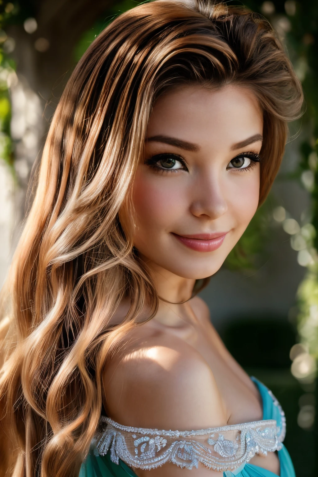 Portrait détaillé et réaliste d’une belle fille latine de 18 ans avec, yeux perçant , cheveux en désordre, cheveux bouclés, Filmé à l’extérieur, avec une robe soleil bleu roi, Regarder la caméra, Gercées, lumière_Ils sourient, Lumière naturelle douce, Photographie de portrait, Photographie magique, éclairage dramatique, Photo ,réalisme, Ultra détaillé, (dynamique_pose:1.1), Prise de vue corporelle