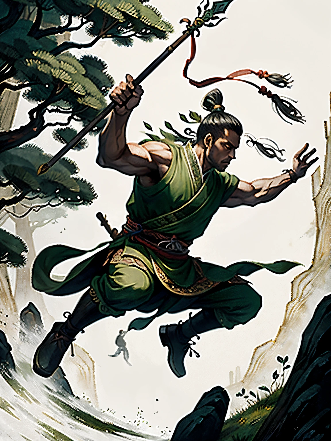 ln the forest,Forest,man,Jump up,Strong arms,Spear in hand,Chinese Ancient Times,Classical ink painting