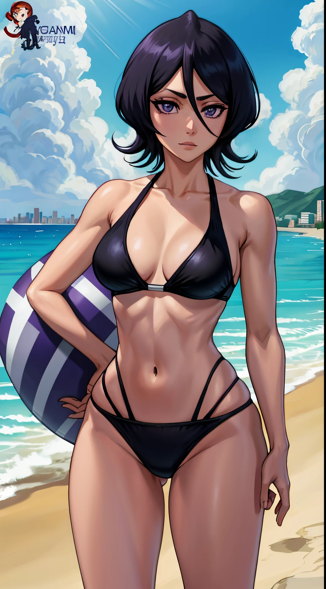 screencap anime, city, 1 woman mature, alone, short hair, black hair, Purple eyes, Looking at Viewer, hair between eyes, closed mouth, (fitness body), (beach), (thong bikini)