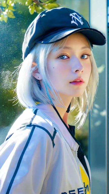 masutepiece, Best Quality, 4K, nffsw, a beauty girl, Painting, beautiful eyes and detailed face, Illustration, Beautiful detailed, High resolution illustration, blazing_white_Particle, 1girl in, White hair, Light purple eye, Hair over one eye, Short details, Baseball Cap,deadpan, Window shade, Black jacket, Chestrig, Cyberpunk, tech wear,(Impressionism:1.4)