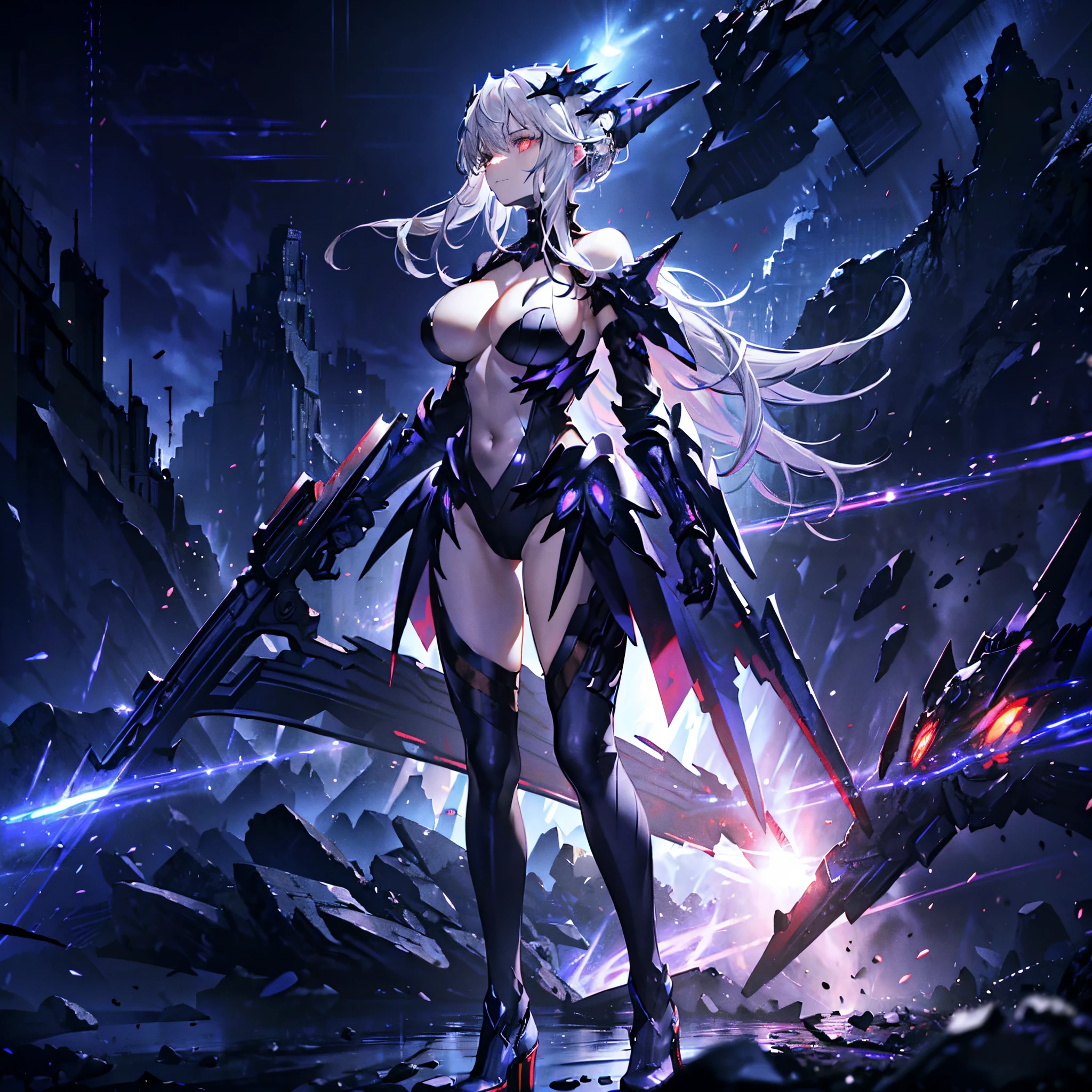 1 girl, solo, short girl, ta, highly detailed silver hair with purple tips, crystal hair, long wavy silver hair, silver hair with black tips, beautiful deep blue and red eyes, cross-shaped pupils, (eyes exuding red fog), black_fog:1.4, glowing eyes, medium breasts, intricate black and blue futuristic high leotard armour, heavy armoured top, dark goddess, wearing an alien-like armoured glove, black crown, black and purple thigh-highs, holding bow-like laser weapon, dark futuristic shoes, serious expression, majestic aura, side view, alien-like woods in background, ultra high detailed