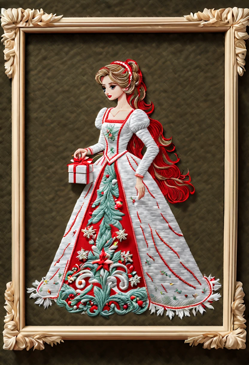 1girl, gift, Christmas, (3d framed embroidery, macro detailed stitching, intricate fabric texture:1.3), needle embroidery, Needlepoint, (best quality, masterpiece, Representative work, official art, Professional, unity 8k wallpaper:1.3)