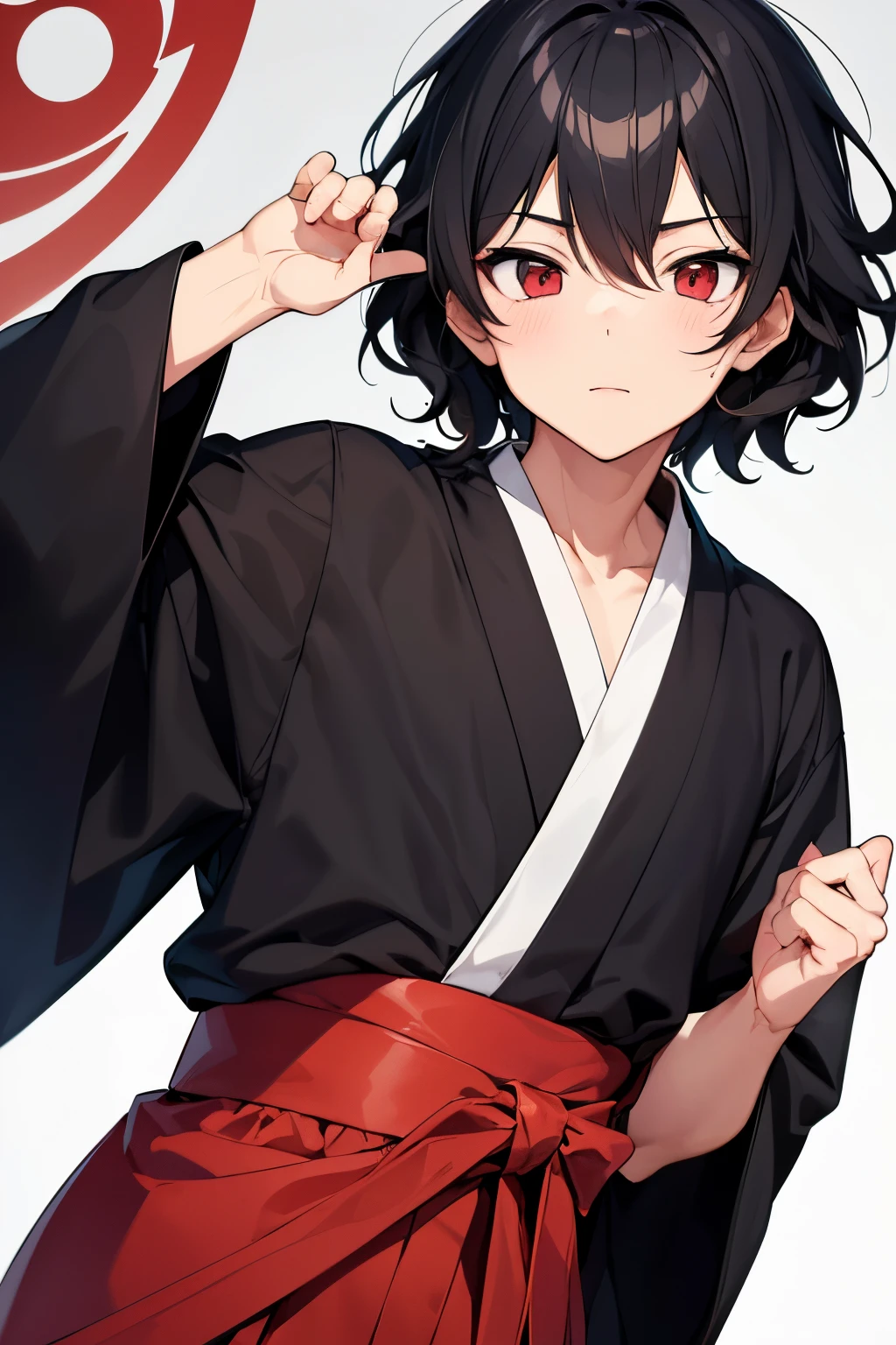 1 boy, Illustrate a male character in anime art style featuring black, slightly curly hair and red eyes. Dress him in a traditional Japanese yukata. Craft a dynamic and expressive pose that captures the character's personality, paying attention to the details of the yukata design. Infuse the artwork with a blend of cultural authenticity and anime aesthetics to create a visually compelling illustration.