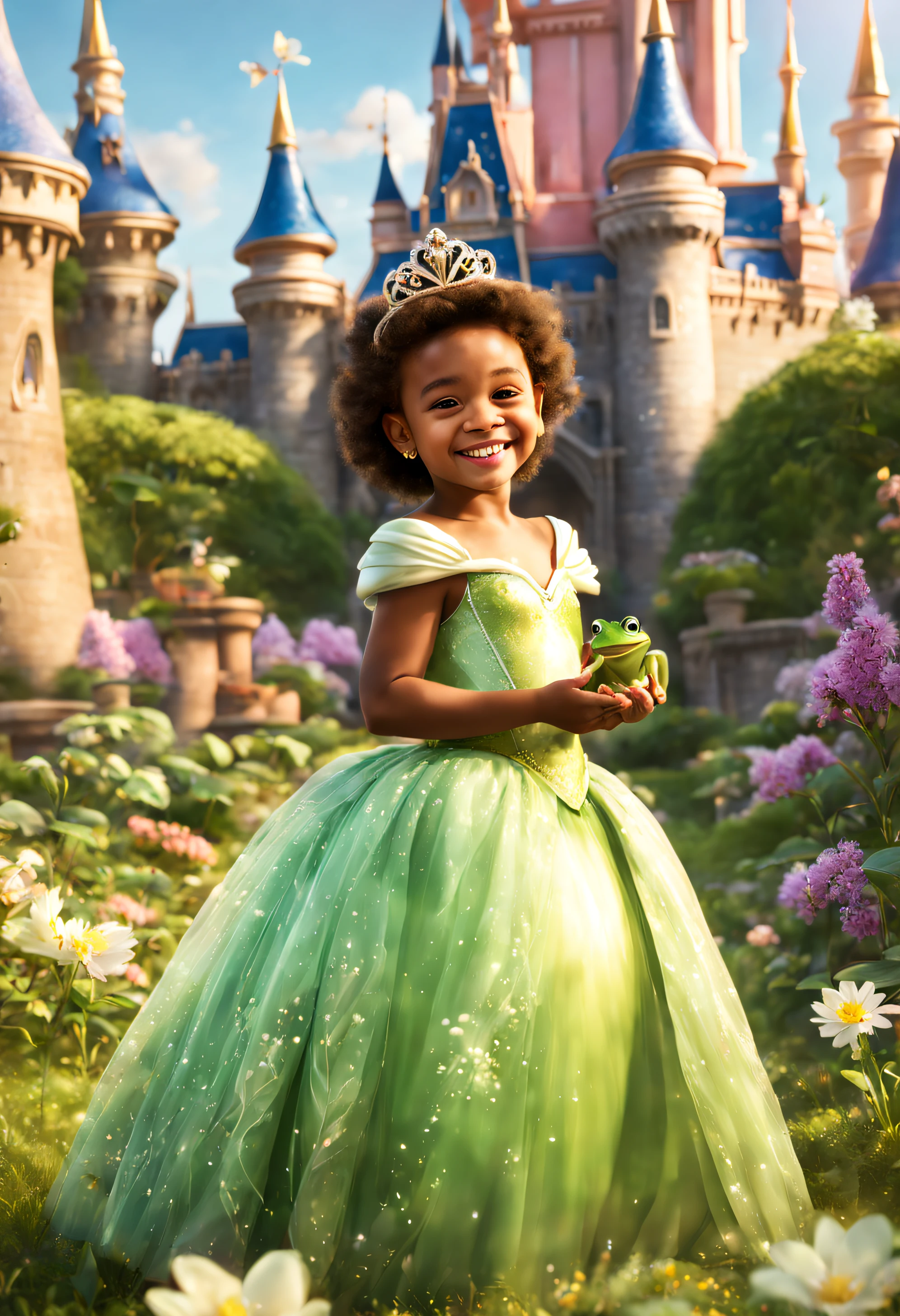 Best Quality, 8K, Realistic, photo, girl wearing Disney princess Tiana dress, very detailed dress, 4yr old body shape, facing camera, Smile, Sunny day, Frog in hands, Magic castle in the background, lots of flowers, Disney Prince Naveen the Frog near the dress
