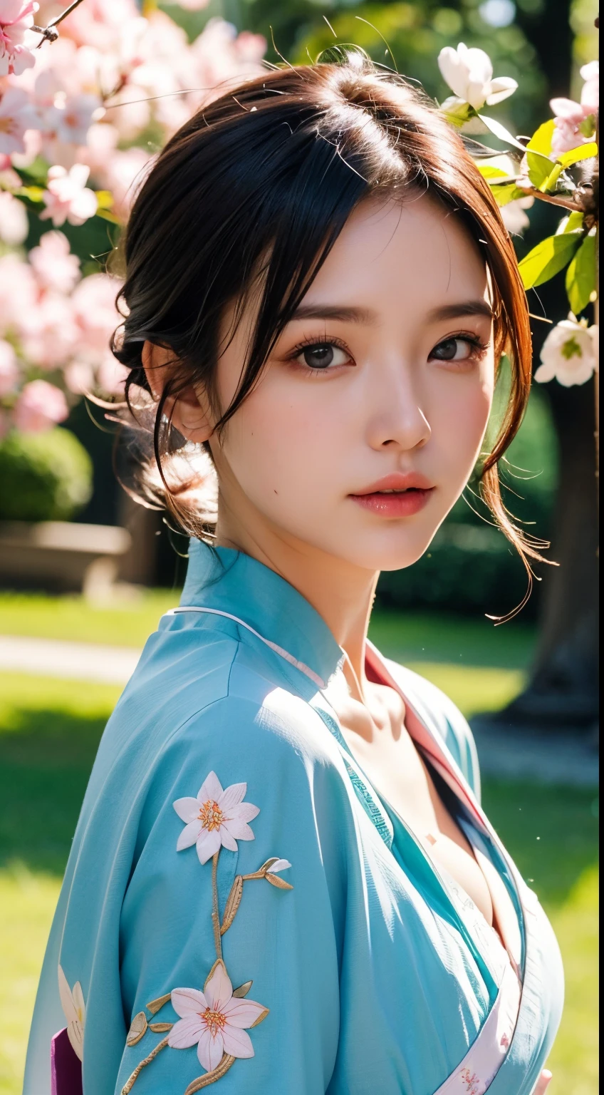 (A logo、masterpiece、8K、masutepiece、Raw photo、Fantastic、Best Quality、8K wallpaper that combines photorealism and high-definition CG、hightquality、ighly detailed、epic poem、Particle effect、Dynamic effects、depth of fields、Cinematic Light、Lens Flare、Ray tracing)、Fantasia、 (Beauty 1 person、White Japanese Clothing、Japanese dress、White cherry blossom pattern、White cherry blossom embroidery pattern、A dark-haired、Beautiful face、Real Face、beautiful details eyes beautiful skin)、Hair flutters in the wind、Hair jumps、Pink cherry blossom tree、Petals flutter、Sakura blizzard、Superb view、morning glow、Sun in the background、the wind、Deities、tusk、myth、Vast Land、
