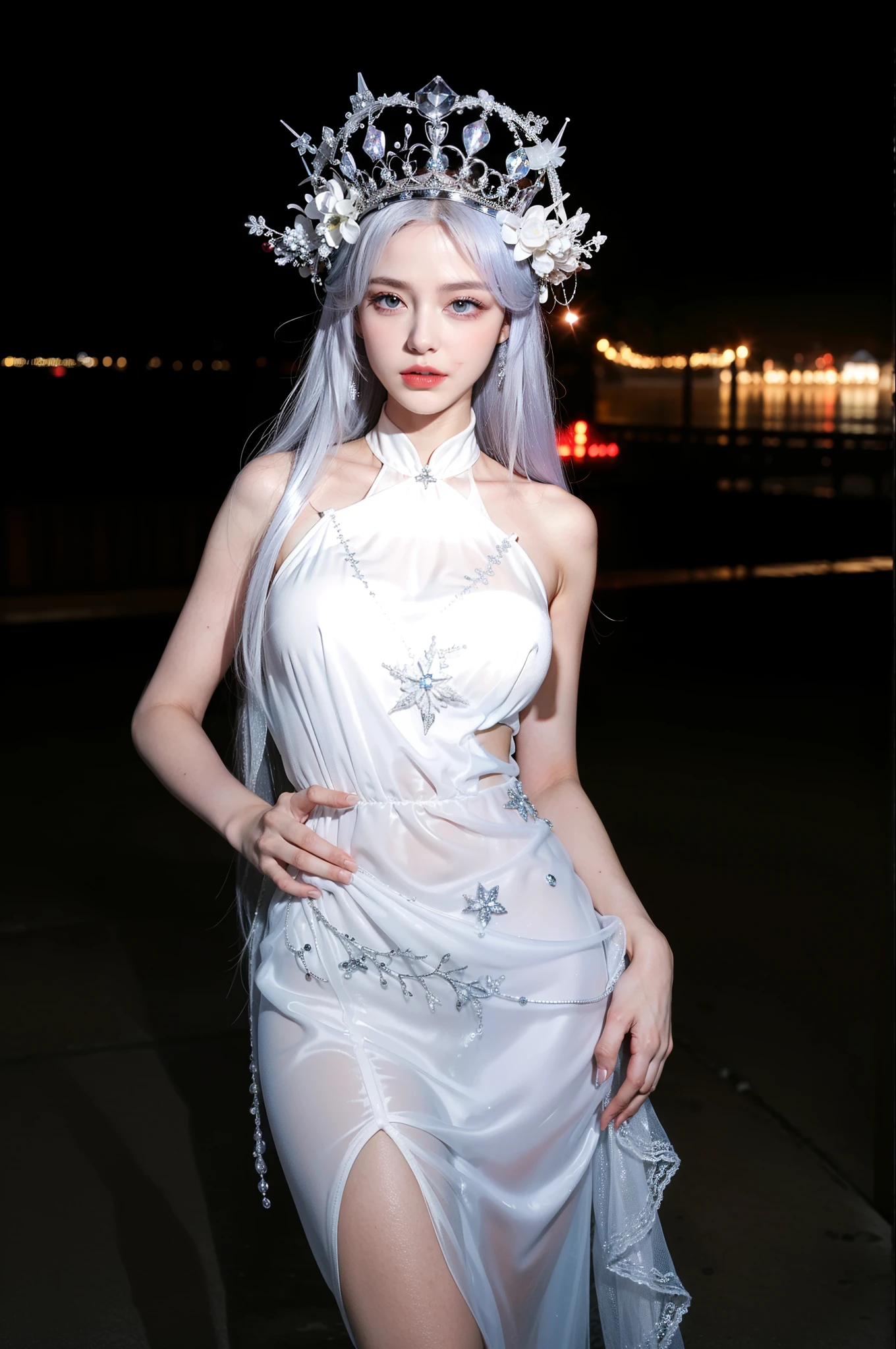 Imperial sister,A detailed eye,Snow Queen,put the crown on your head,Detailed facial expressions,Ripe body,Tall figure,Number,legs long,4K,k hd,fleshy feeling,White translucent lace,Fair and plump figure,Nice face,Cherry small mouth,beautiful and delicious(3D royal sister),a plump buttocks,gloss gel coat,Vampire queen wears luxurious dress,Crystal Gem Crown,
