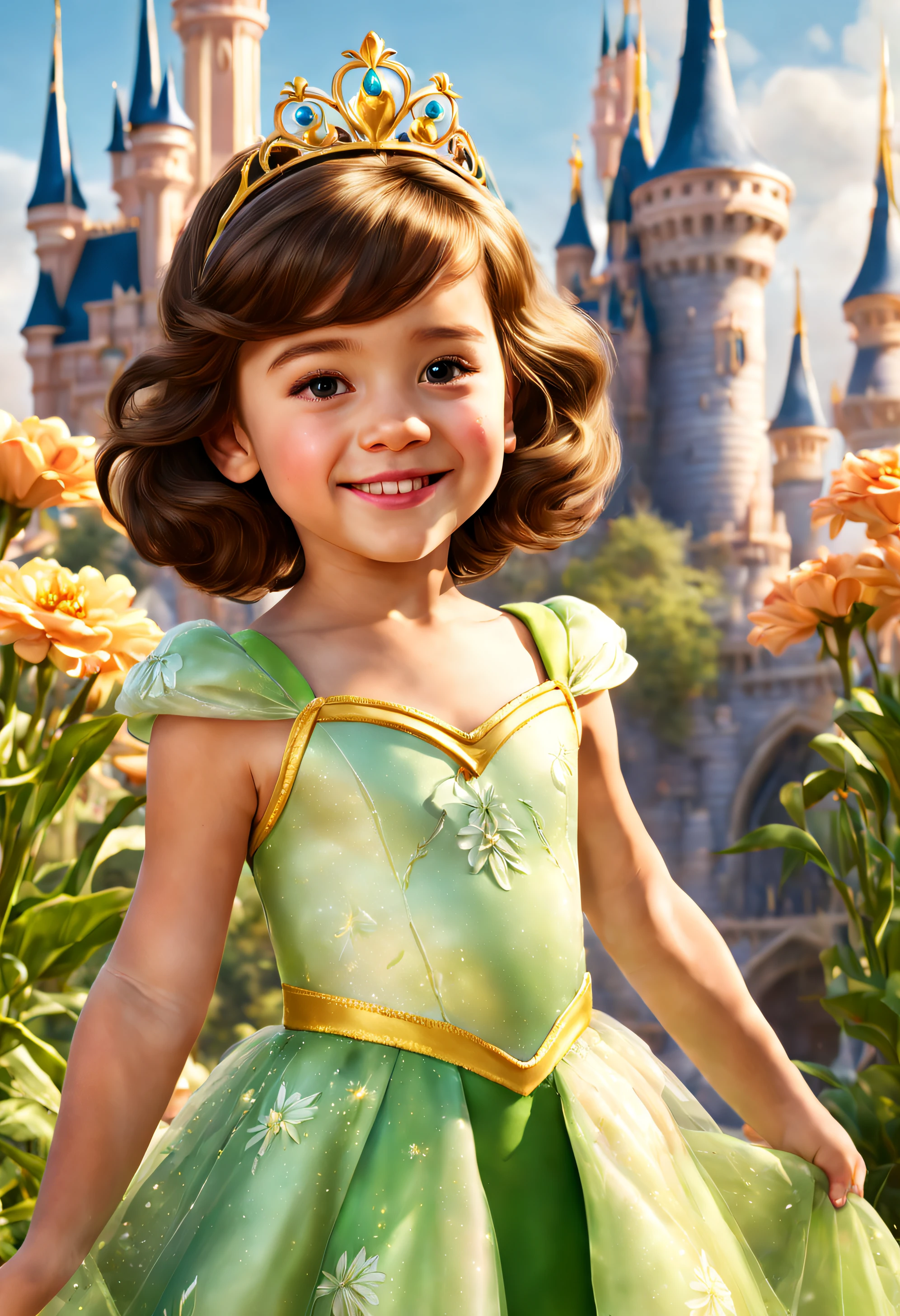 Best Quality, 8K, Realistic, photo, *********** wearing Disney princess Tiana dress, very detailed dress, 4yr old, wavy short brown hair with straight bangs, best body shape, facing camera, Smile, Sunny day, Magic castle in the background, lots of flowers, Disney Prince Naveen Frog in Hands, magic atmosphere