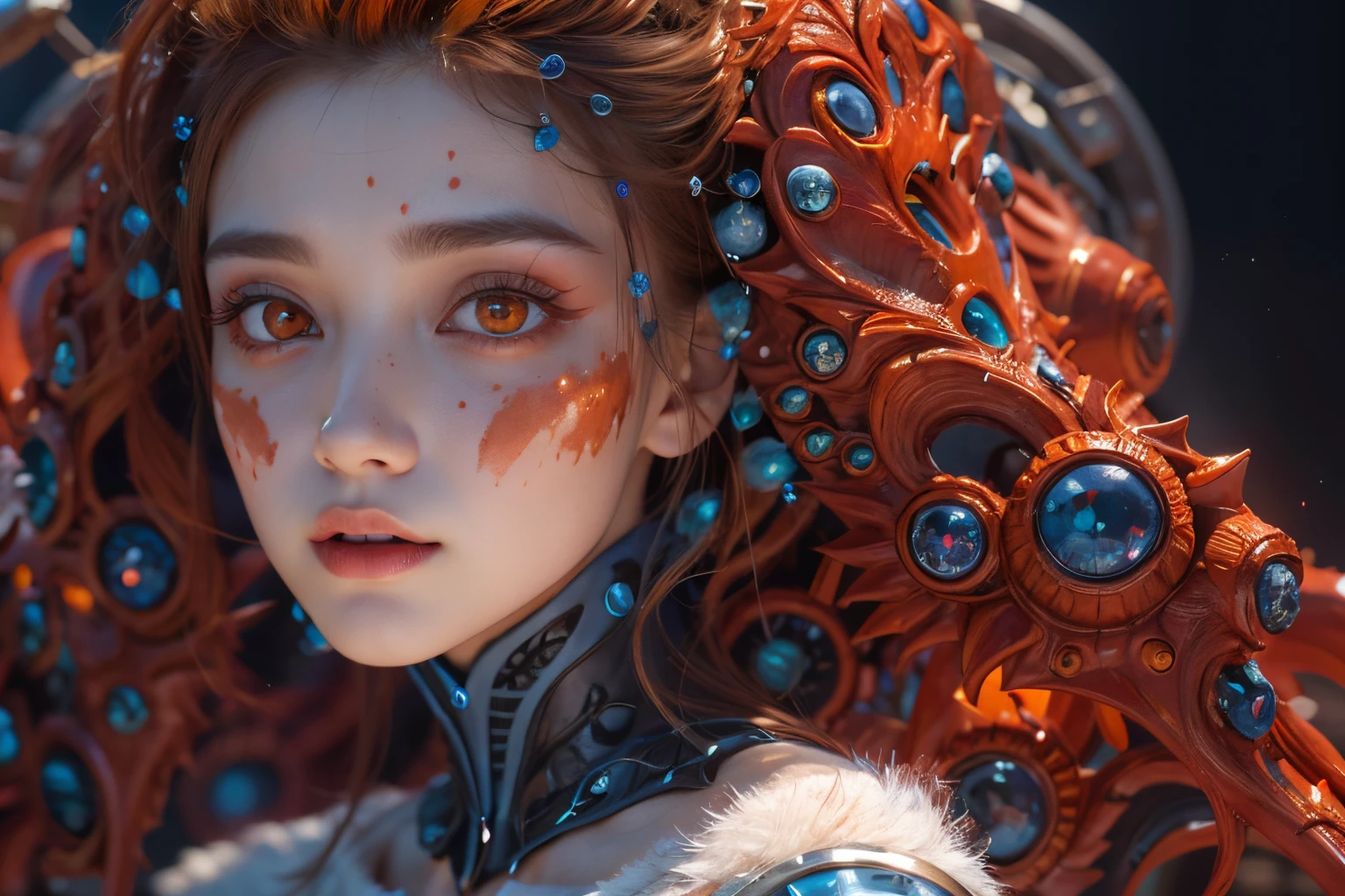 Female Alien, Beautiful face, seduces, red eyes, Full body like, A sexy, alien, No humans, an alien, cells are fused, Multiple hands, Lots of blue tentacle skin:1.5), extraterrestrial, cell, bio image, 魅惑的, Best Quality, 8K,,4K_quality, high_Definition,Dramatic Lighting, masutepiece:1.5,cinematic quality, detail up, Intricate details:1.2, 超A high resolution, High Definition, drawing faithfully, (Thick eyebrows:1.2), (Big scarlet eyes:1.6), Beautiful eyes with fine symmetry, (Ultra detailed eyes:1.2),(Highly detailed face and eyes:1.2), (High-resolution red-eye:1.4), Intimate face, (ultra detailed skin texture:1.4), Perfect Anatomy, (Beautiful toned body:1.5), (Moist skin:1.2), No makeup, (dark circles:1.1),
