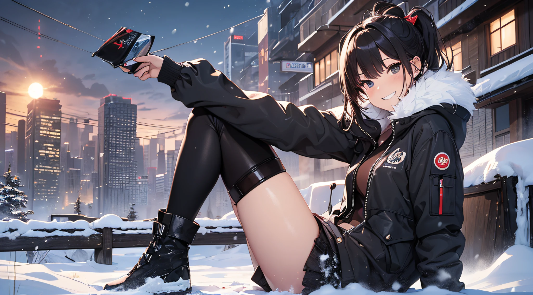 top-quality、Top image quality、​masterpiece、age girl((Black Duffel Coat、Black shirt、Long black trousers、Canned coffee in hand、18year old、 Ager、Best Bust、big bast,Black eyes, Long Black Hair、A slender,Large valleys、Reflecting the whole body、Sit up、grin、Spread your legs apart、S)),hiquality、Beautiful Art、Background with((snow blowing、glowing sun、city nigth 、Yuki))​masterpiece、depth of fields,Japan Anime Style