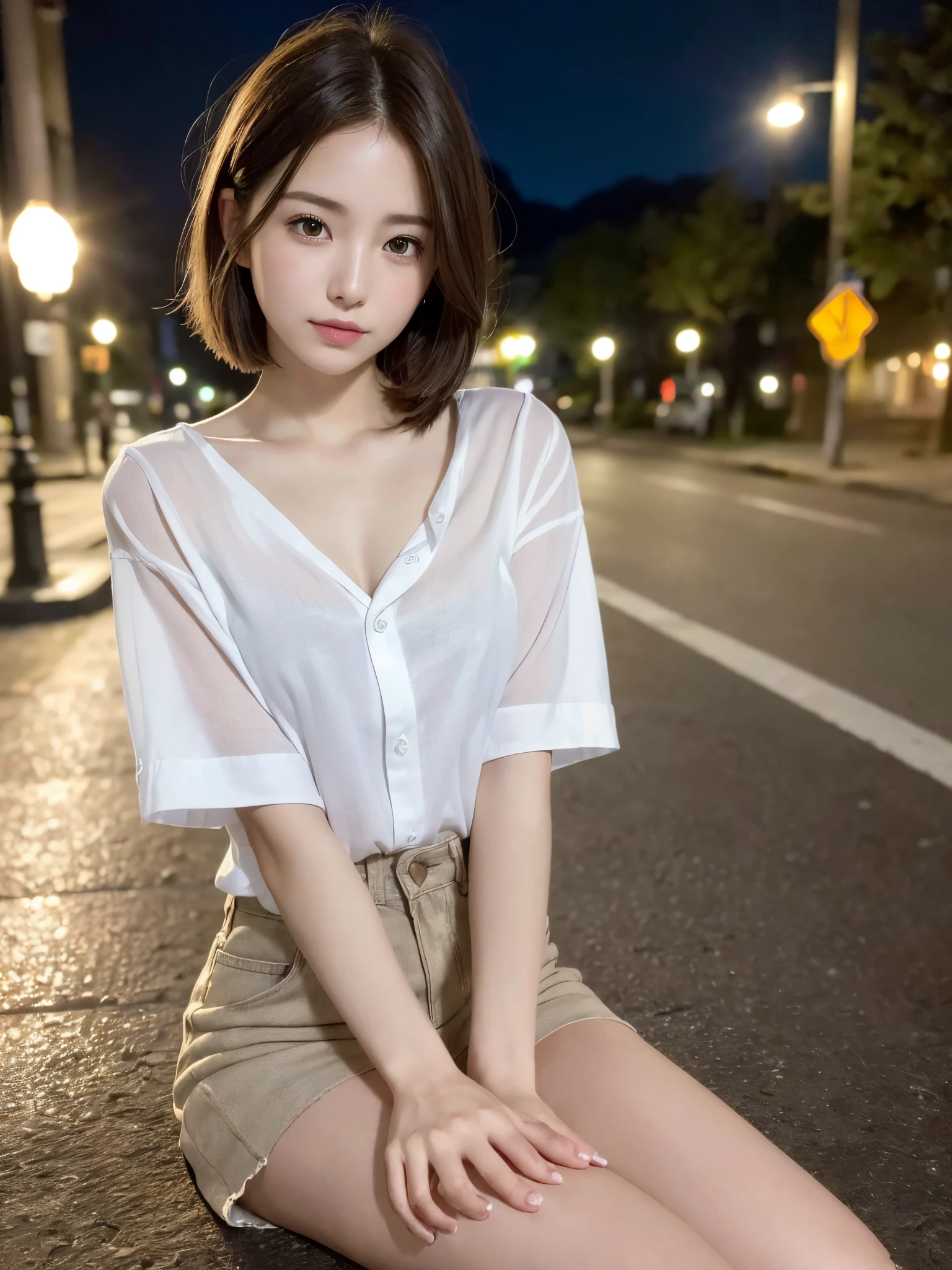 ((top quality, 8k, masterpiece: 1.3, raw photo)), Sharp Focus: 1.2, (1 aespa girl: 1.2), (Realistic, Photorealistic: 1.37), (face focus: 1.1), cute face, small breasts, flat chest, short messy hair, (long button white shirt: 1.1), Beautiful Woman Sitting Under Street Lamp Light, cinematic lighting, thigh,