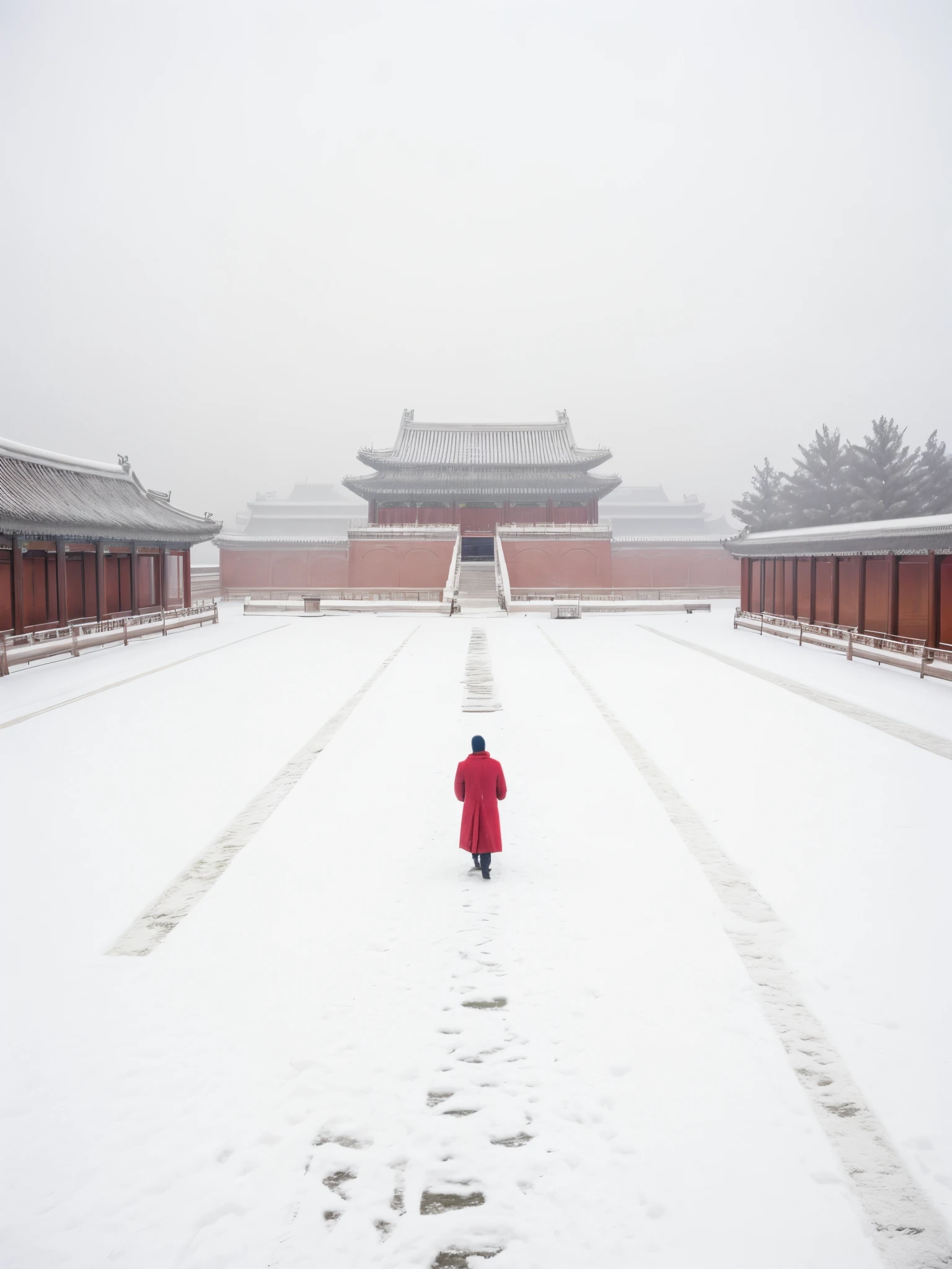 A man in a white robe walks in a snowy courtyard, author:Fei Danxu, in forbidden city, It snowed in the Forbidden City, There are branches hanging down in the foreground,Snowflakes in the sky,