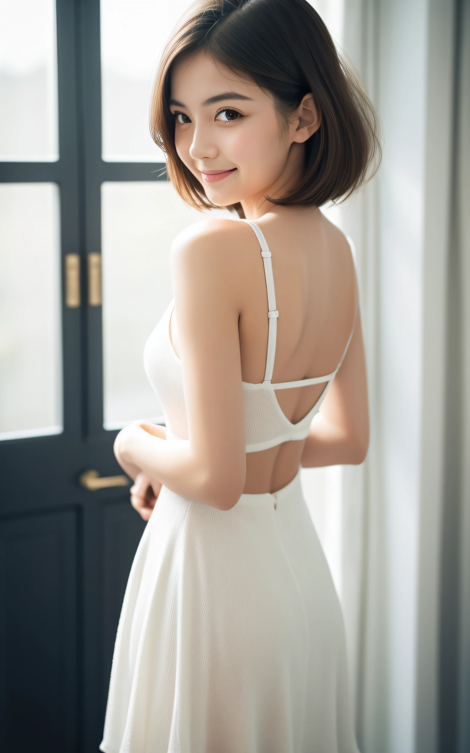 masutepiece, Best Quality, 8K, 1 girl, 20 yo, Closed mouth, Smile, Full body, (Full body:1.4), Solo, Cute, Girly, Delicate girl, Neat and clean beauty, Raw photo, Professional Photography, Portrait, Soft light, Professional Lighting, Back lighting, Look away, looking at away, Sophisticated, Film grain, (Eyes and faces with detailed:1.0), Short-length floating hair, Beautiful flowing hair,