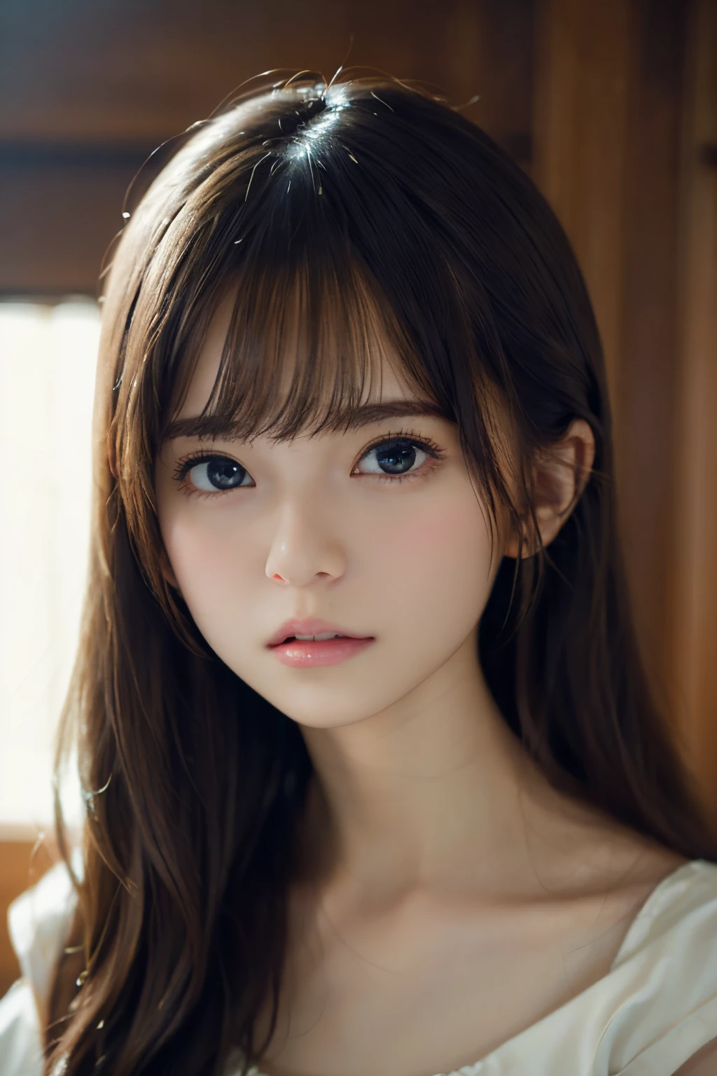 Image from chest up:1.6)、Close-up portrait of a girl wearing only a white off-shoulder top dress and earrings, soft portrait shot 8 k, lovely delicate face, high-quality 4k portrait, high quality portrait, soft flawless pale skin, 8K highly detailed face, Beautiful delicate face, beautiful light big eyes, beautiful and realistic faces, Beautiful fece18Year old girl, beautiful and realistic faces, cute little18Year old girl