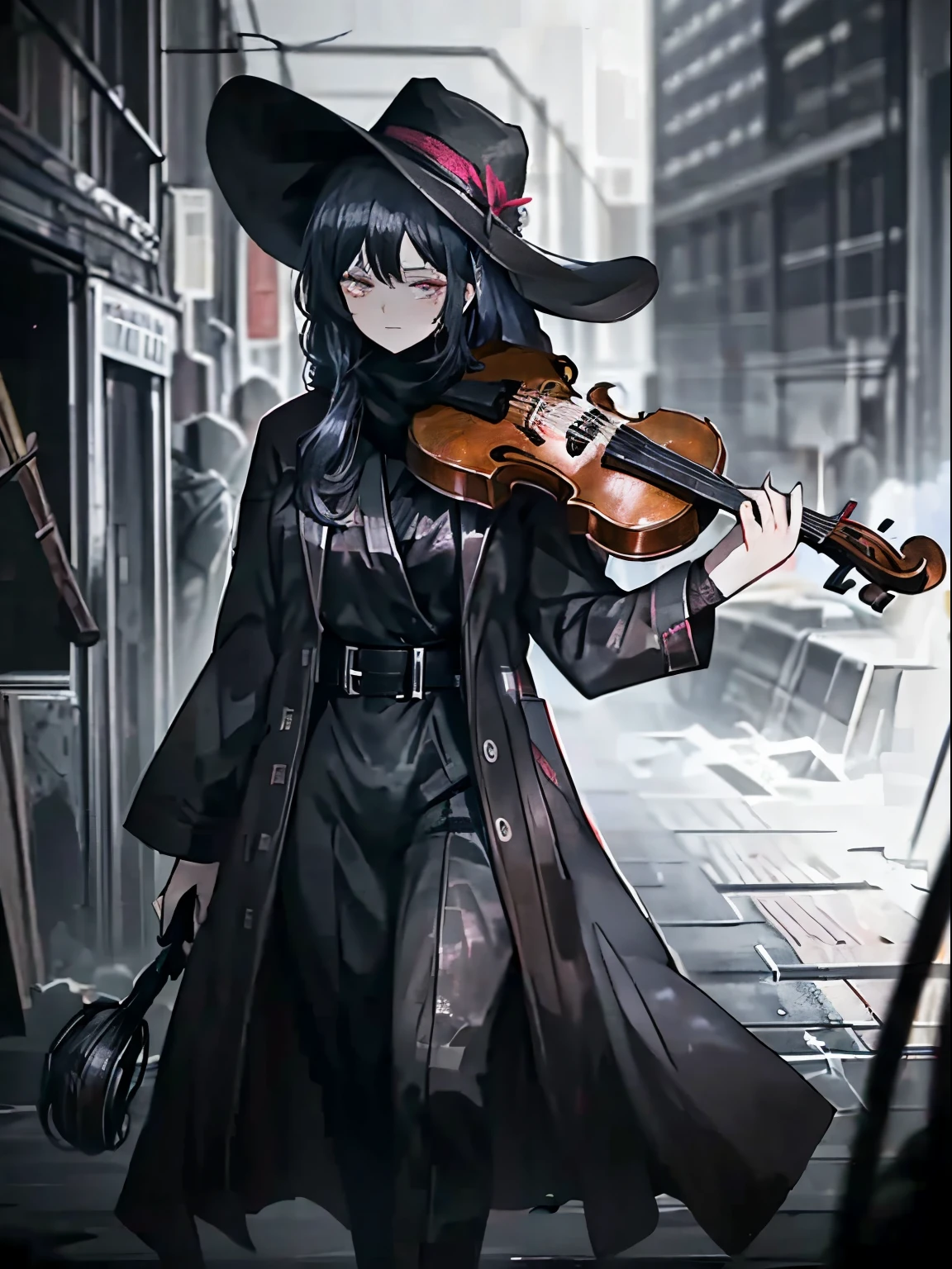 girl，20yr old，black color hair，Qi bangs，red color eyes，Wearing a black French wide-brimmed hat，Wear a black trench coat，Black scarf，Gauze wrapped around the neck，Violin in hand