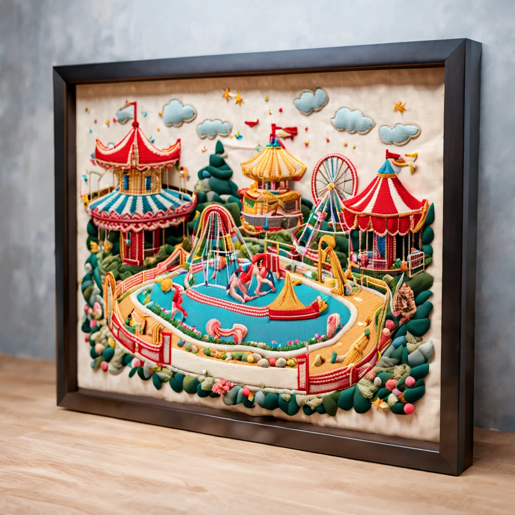 carousel, playground, (3d framed embroidery, macro detailed stitching, intricate fabric texture:1.3), needle embroidery, Needlepoint, (best quality, masterpiece, Representative work, official art, Professional, unity 8k wallpaper:1.3)