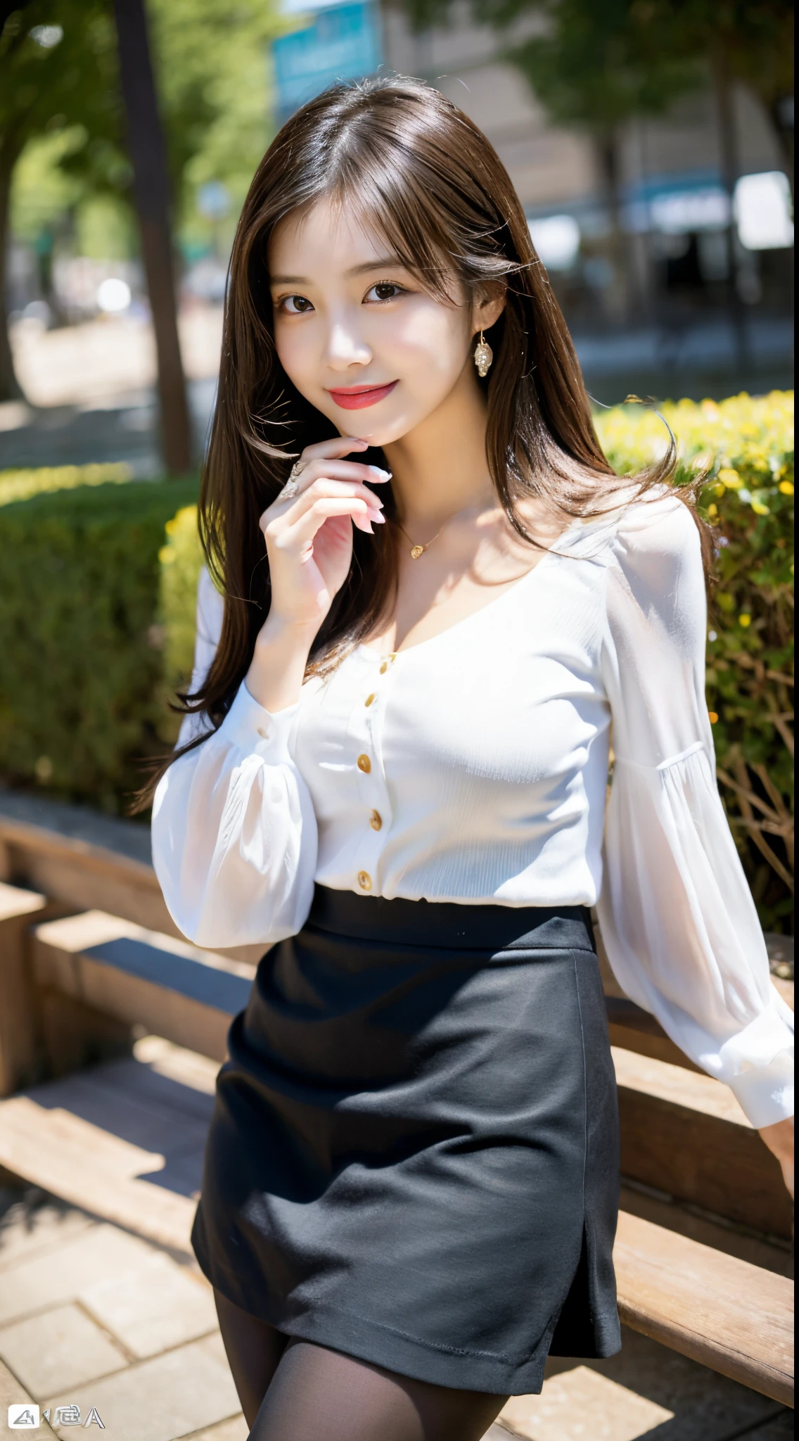 ulzzang -6500-v1.1, (Raw photo:1.2), (Photorealsitic),(Real: 1.4), masutepiece, Best Quality, Illustration, Ultra-detailed, finely detail, hight resolution, 8K Wallpaper, Perfect dynamic composition, Beautiful detailed eyes, ladies business fashion, harsh trial, Ultra-realistic pantyhose:1.2, skirt and thigh hair,small tits, Natural Color Lip, Bold sexy poses,Smile, materia、A 23-year-old girl、Cute、Sexy shot looking at camera