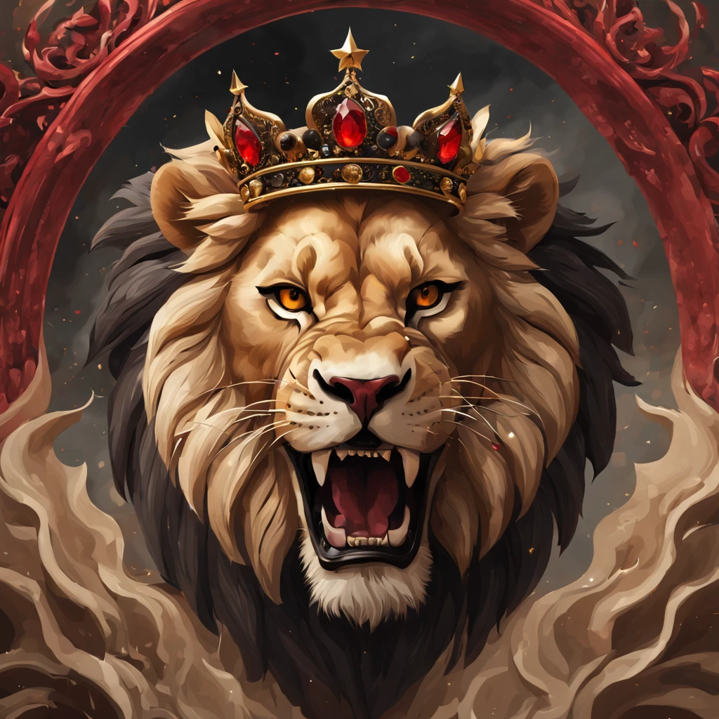 Epic lion growls, crown, beautiful, horror, bohemian, stars, realistic, African style, red, black, beige, gold, gems, smoke, filigree, front view, octane