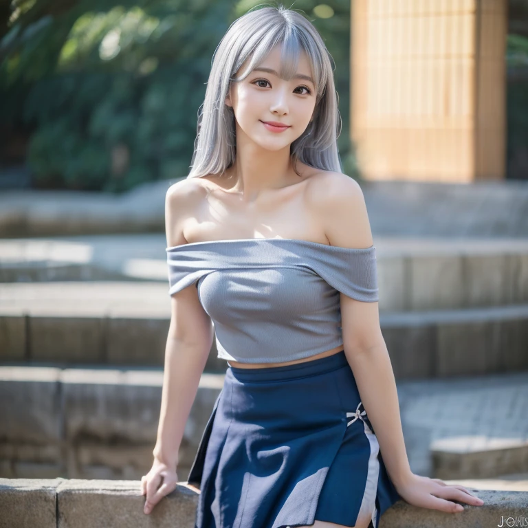 (Best Quality,8K,hight resolution,masutepiece:1.2),Ultra-detailed,extremely detailed eye and face,Beautiful detailed eyes,Beautiful detailed lips,long eyelashes,((Realistic)),Photorealistic:1.37,japanes,fine-grained white skin,Marshmallow-like skin,masutepiece,Attractive,Posing for a photo,Cute,(Silver hair color),silky smooth and straight hair,(with round face) ,Healthy smile, Attractive thighs, Raw photo, Beautiful chest line, Full-body standing figure,Navel out, Sharp Focus
(Mini pleated skirt in dark blue),(Off-the-shoulder tops),(Clothes that show the belly button),(Dark blue high socks),(I'm wearing sandals), Hands on hips
