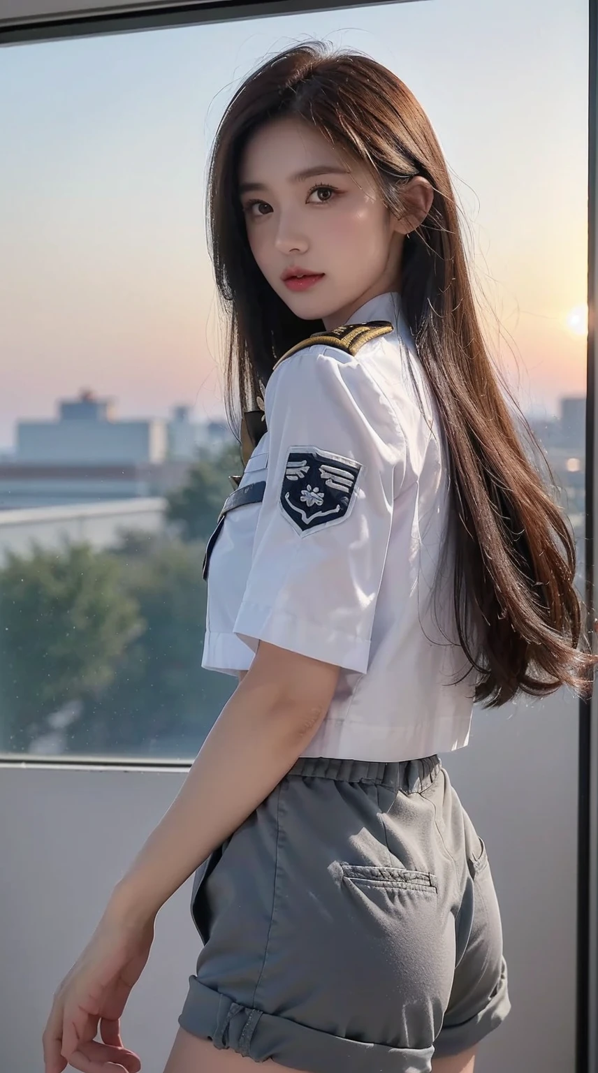 (Best quality at best, 8K, 32K, tmasterpiece, hyper HD:1.2), (actual:1.5), (tmasterpiece, extremely detaild的 CG unified 8k wallpapers, Best quality at best, A high resolution:1.2), (ultra - detailed, hyper HD:1.2), Photos of extremely cute and beautiful Japanese women, (chestnut long curly hair:1.2), , (Beautiful girl in detail:1.4), Best quality at best, maam, , (Detail of US Air Force pilot Captain:1.3), (White Captain Pilot Shirt:1.3), (black high-waist shorts:1.3), (Beautiful sunset US air force base runway　Look at the background:1.2), Sorry to laugh:1, looking at viewert, facing to audience, ((Perfect female body)), (Willow waist:1.2), (upper body image:1.3), Elongated, Agchest:1.25), frame the head, ventania, dynamicposes, 电影灯光, The light from the back window is backlighted, Meticulous clothes, perfect anatomia, perfectly proportions, detailed human body, Fashion model pose,