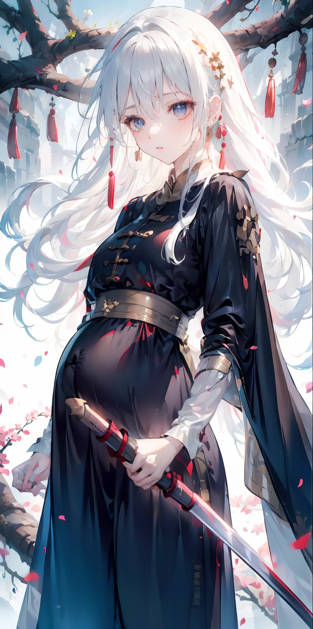 Golden hairpin, white ash hair, black shirt, white skirt, (black cloak:1.2), pale face, sweating, heavy breath, blushing, pregnancy  dresest quality:1.2), ultra-detailed,realistic ,portraits, vivid colors, soft lighting, interesting PoV, stocking, straight hair, pregnant, Pregnant  belly, Chinese sword, anime girl