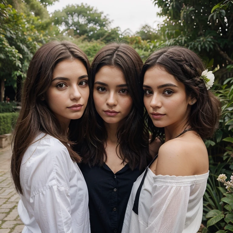 ((3 menina bonita)) 
((Um tem cabelo desgrenhado, outro tem cabelo de cauda dupla)) 
(( Nuas )) 
Beautiful and mysterious face They are in a beautiful garden near a beautiful lake Rainy day Full of flowers. 
Olhos detalhados realistas, seios fartos, Rosto detalhado, um com tatuagem escrita G dedo extremamente detalhado.