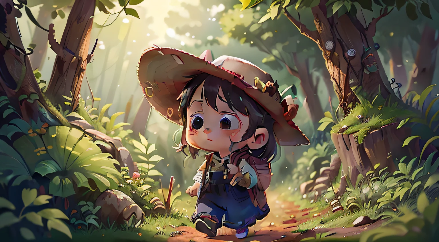garota agricultora chamada papoula, vestindo roupas de cowboy, cowboy hat, (Menina pequena bonito) (5 a 6 anos) Standing, andando distraidamente por uma floresta, (lugar escuro: 0.8) (Desordem - Casa: 0.8), (Trabalho -Prime: 1.2) (Realistic: 1.2) (Bokeh) (best quality) (detalhes complexos) (8k) (foco nítido), (pele detalhada: 1.2)