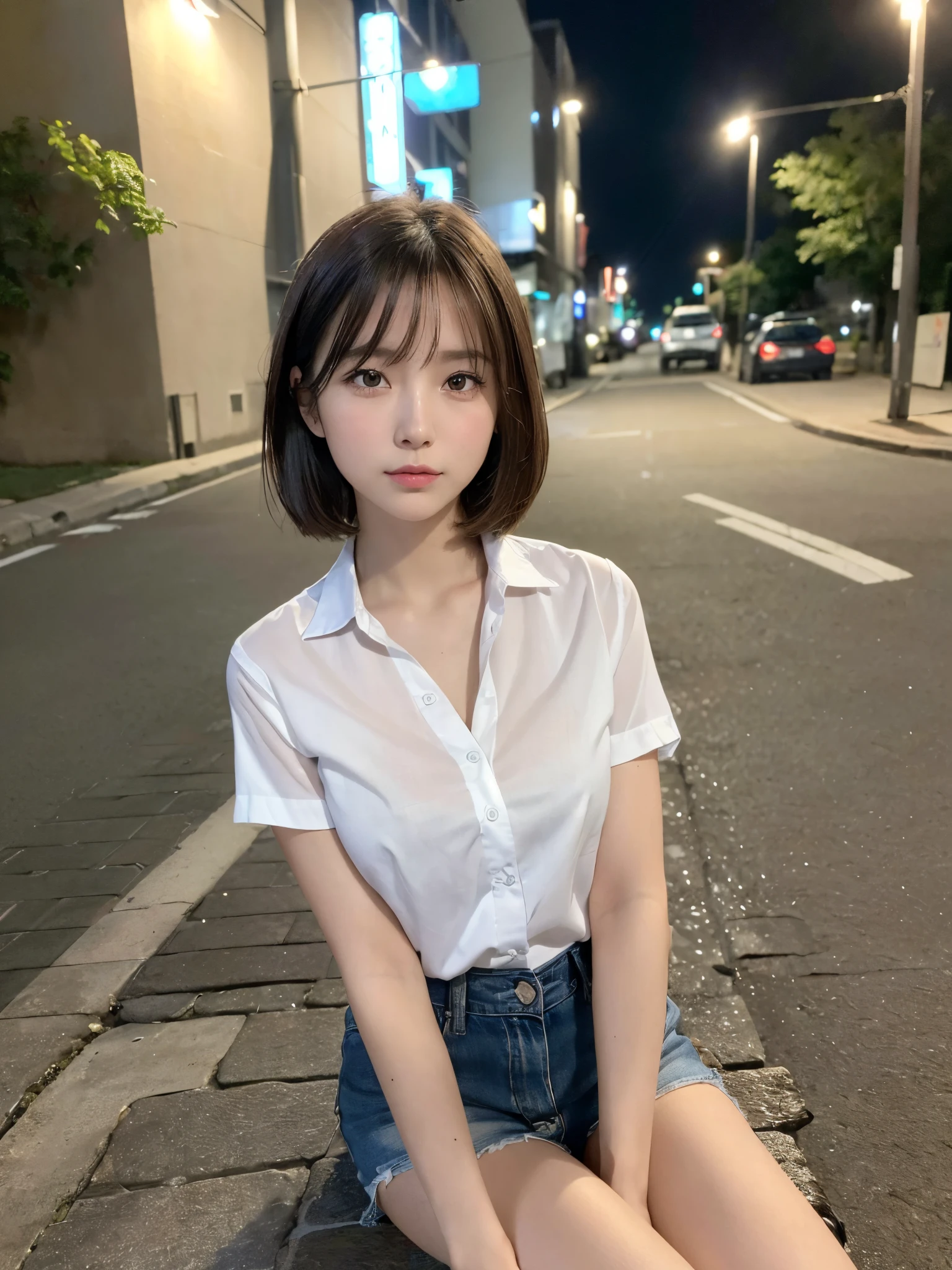 ((top quality, 8k, masterpiece: 1.3, raw photo)), Sharp Focus: 1.2, (1 aespa girl: 1.2), (Realistic, Photorealistic: 1.37), (face focus: 1.1), cute face, small breasts, flat chest, short messy hair, nude, (long button white shirt: 1.1), Beautiful Woman Sitting Under Street Lamp Light, cinematic lighting, thigh,