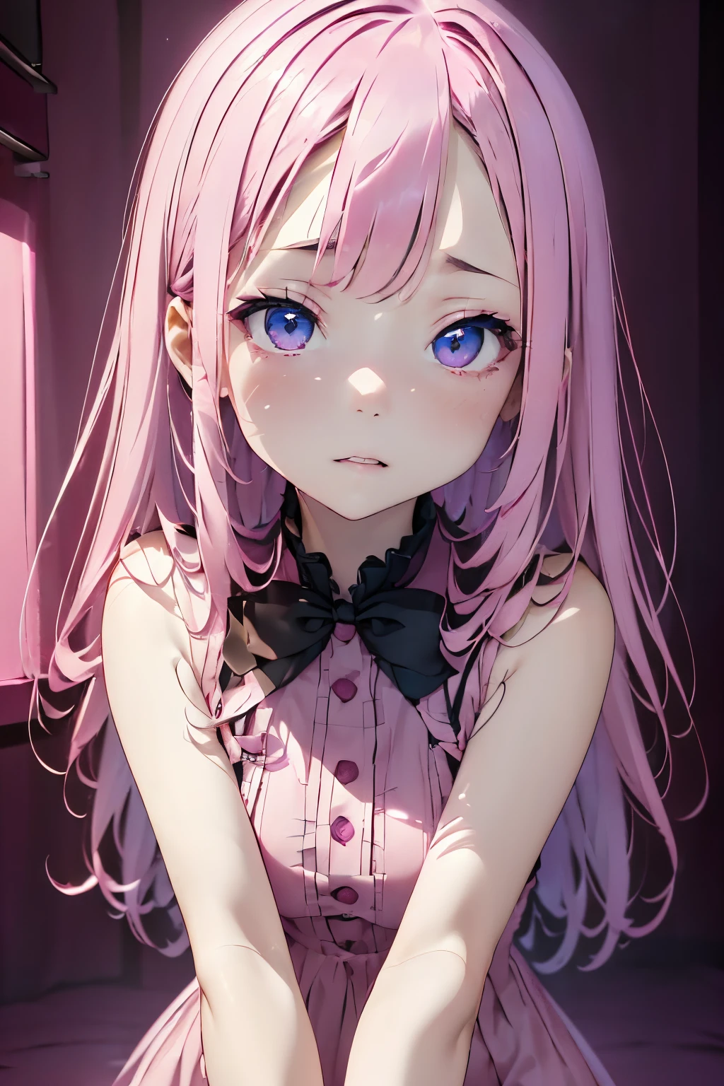 (((Pink World:1.3)))、Best Quality, masutepiece, High resolution, (((1girl in))), sixteen years old,(((Eyes pink:1.ink dress、((PINK SHIRT:1.ink block dress)), Tindall Effect, Realistic, Shadow Studio,Ultramarine Lighting, dual-tone lighting, (High Detail Skins: 1.2)、Pale colored lighting、Dark lighting、 Digital SLR, Photo, High resolution, 4K, 8K, Background blur,Fade out beautifully、Pink World