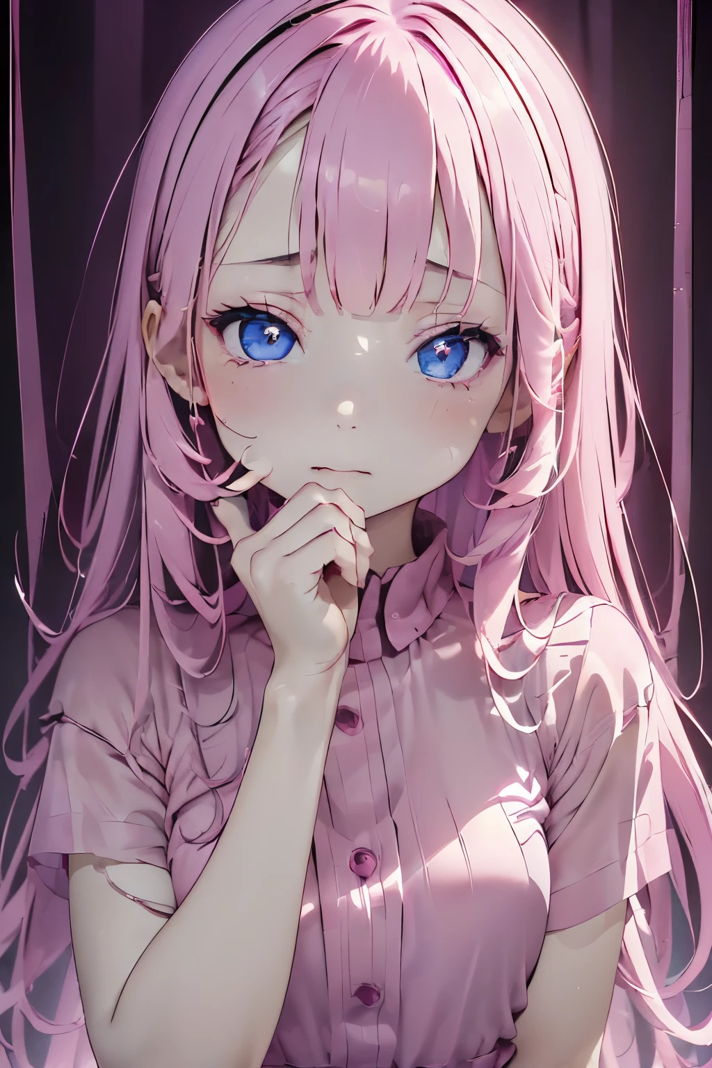 (((Pink World:1.3)))、Best Quality, masutepiece, High resolution, (((1girl in))), sixteen years old,(((Eyes pink:1.ink dress、((PINK SHIRT:1.ink block dress)), Tindall Effect, Realistic, Shadow Studio,Ultramarine Lighting, dual-tone lighting, (High Detail Skins: 1.2)、Pale colored lighting、Dark lighting、 Digital SLR, Photo, High resolution, 4K, 8K, Background blur,Fade out beautifully、Pink World