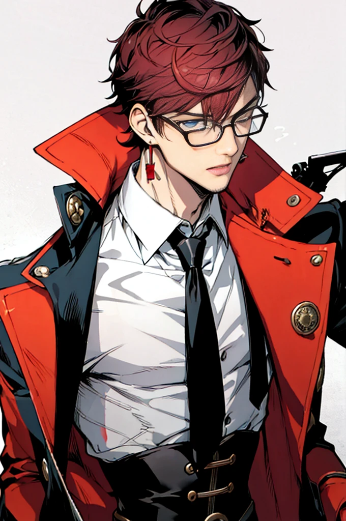 masterpiece, best quality, (1man:1.3), 25 years old, short hair, colored tips, curly hair, colored glasses, earings, gun, tie, topless, corset, mafia style, handcuffs, wrap coat,