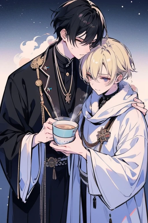 Unparalleled beauty,face perfect、(2man,Gay Male Relationships),Perfect Eye、 By Shinkai Makoto、a blonde and a black hair、Traditional costumes、steam、steam、White breath、Laugh、Drink hot drinks、White steam rises from the drink、Winter Outfit、snowscape、 (2man),Gay Male Relationships, 、,