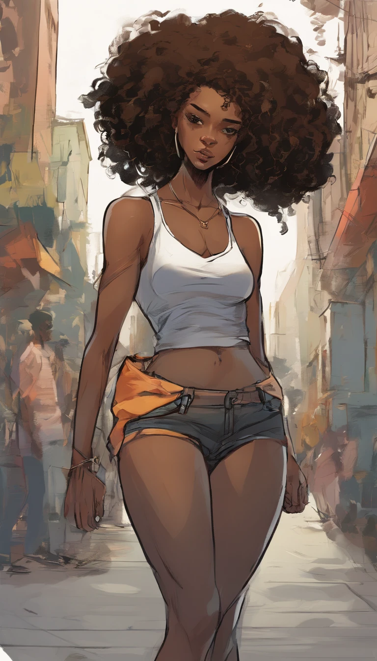 Full body painting, centered, young black afro girl, full body, standing, aerial perspective, long shot, shows the entire character, has short, curly hair, highlighting its natural texture. His brown eyes are expressive, conveying warmth and intensity. Her symmetrical face features thin, outlined lips, contributing to her distinct beauty. Standing approximately 1.65 meters tall, she is 25 years old, young, has a slender and athletic body structure, maintaining an elegant posture. Her clothing style reflects her daily life in the city, she wears a white tank top, jeans and running shoes, combining comfort with a touch of street fashion. Facial expression is versatile, allowing you to portray a wide range of emotions with a smile. Brazilian beauty, her makeup highlights her natural beauty, without exaggeration. This character is a bitter and sad woman, impacting not only her appearance but also her serious presence.