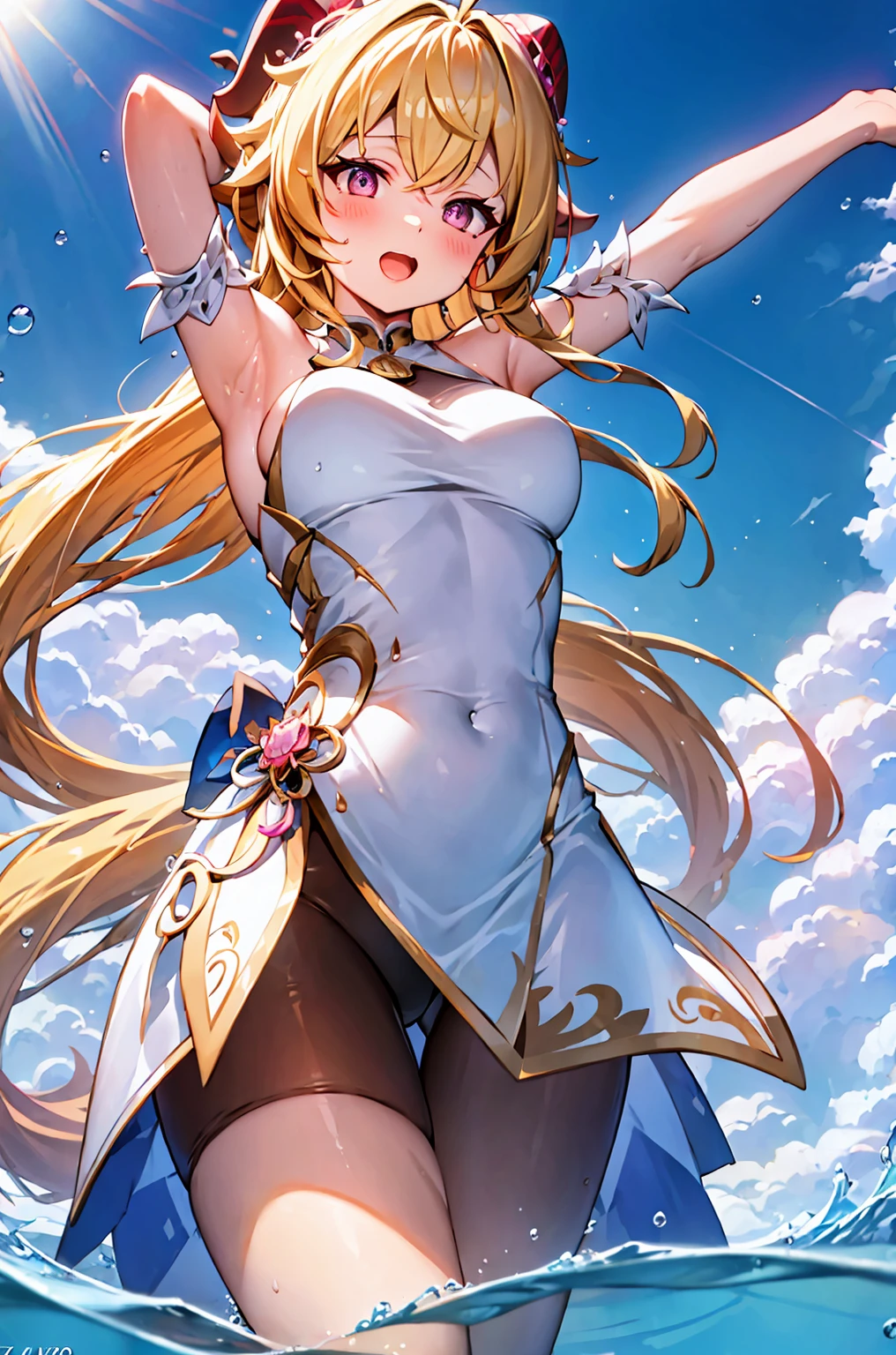 Best quality, tmasterpiece, Incredibly beautiful, very elaborate 8K wallpaper, otherworldly beautiful girl, , (White skin of the), (blonde hair pink gradient hair), Side pony, intermittently, Open your mouth and laugh, Long eyelashes, cosmetics, One eye open, (zoomout, bigger, BigREAK, 夏天, Beachy, (比基尼), Reflection in the water, (Floating water drops blur foreground), (blue-sky), lens flare glow, (water splash), rays of sunshine,