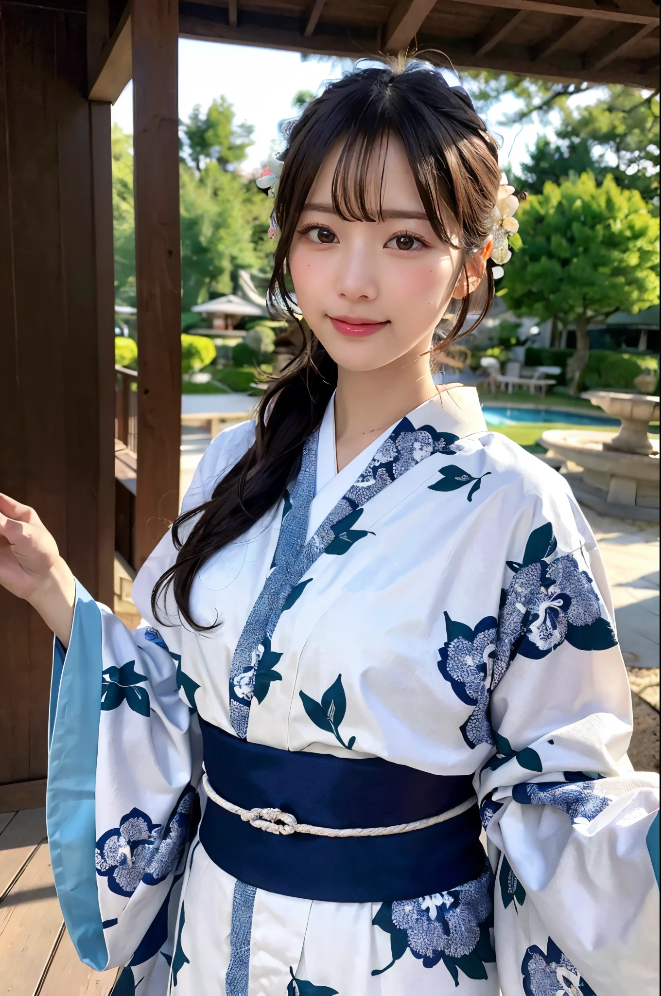 ((top-quality、8K、masterpiece:1.3))、foco nítido:1.2、(ultra beautiful faces:1.0)、(Slender Abs Beauty:1.0)、(shinny skin:1.0)、photos realistic、A dark-haired、Realistic pupils、Video Lighting、High-definition eyes and face、Video Lighting、(cowboy shot:1.3)、kimono、hakama、obi、(Japanese cute actress)、amidst nature、Traditional kimono、happiness、 looking at the spectator、from the front side、