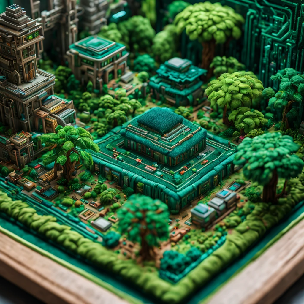 a cyberpunk civilization in the valley with overgrown buildings, where a solarpunk tribe is peacefully collaborating with their android helpers with their bright green computer screens, (3d framed embroidery, macro detailed stitching, intricate fabric texture:1.3), needle embroidery, Needlepoint, (best quality, masterpiece, Representative work, official art, Professional, unity 8k wallpaper:1.3)