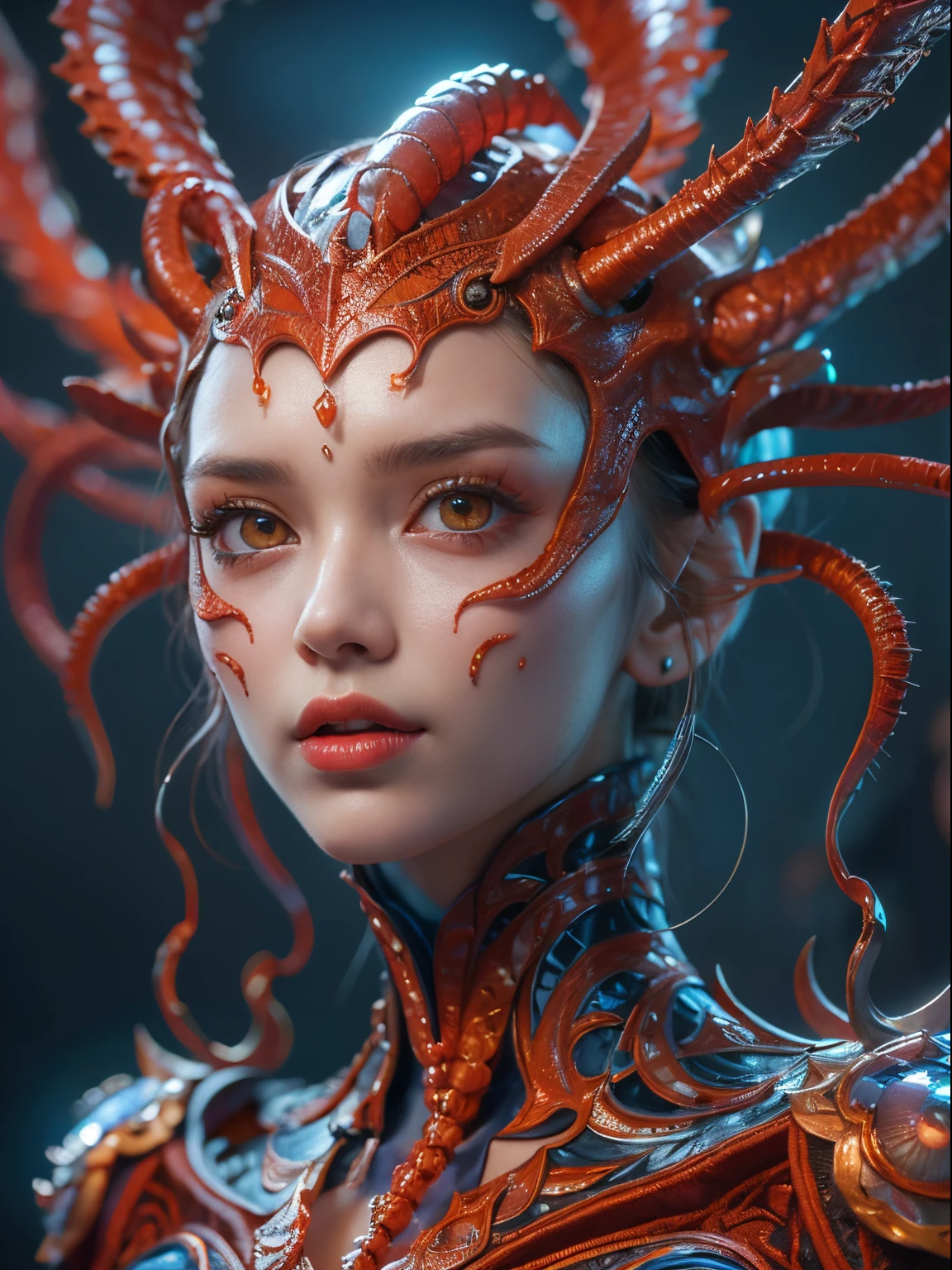 (Female Alien:1.2), Beautiful face, seduces, red eyes, Full body like, A sexy, alien, No humans, an alien, cells are fused, Multiple hands, (Lots of blue tentacles), (blue skin:1.3), extraterrestrial, cell, bio image, 魅惑的, Best Quality, 8K,4K_quality, high_Definition,Dramatic Lighting, masutepiece:1.5,cinematic quality, detail up, (Intricate details:1.2), high resolution, High Definition, drawing faithfully, (Thick eyebrows:1.2), (Big scarlet eyes:1.6), Beautiful eyes with fine symmetry, (Ultra detailed eyes:1.2),(Highly detailed face and eyes:1.2), (High-resolution red-eye:1.4), Intimate face, (Super detailed skin quality feeling:1.4), Perfect Anatomy, (Beautiful toned body:1.5), (Moist skin:1.2), No makeup, (dark circles:1.1), long canines