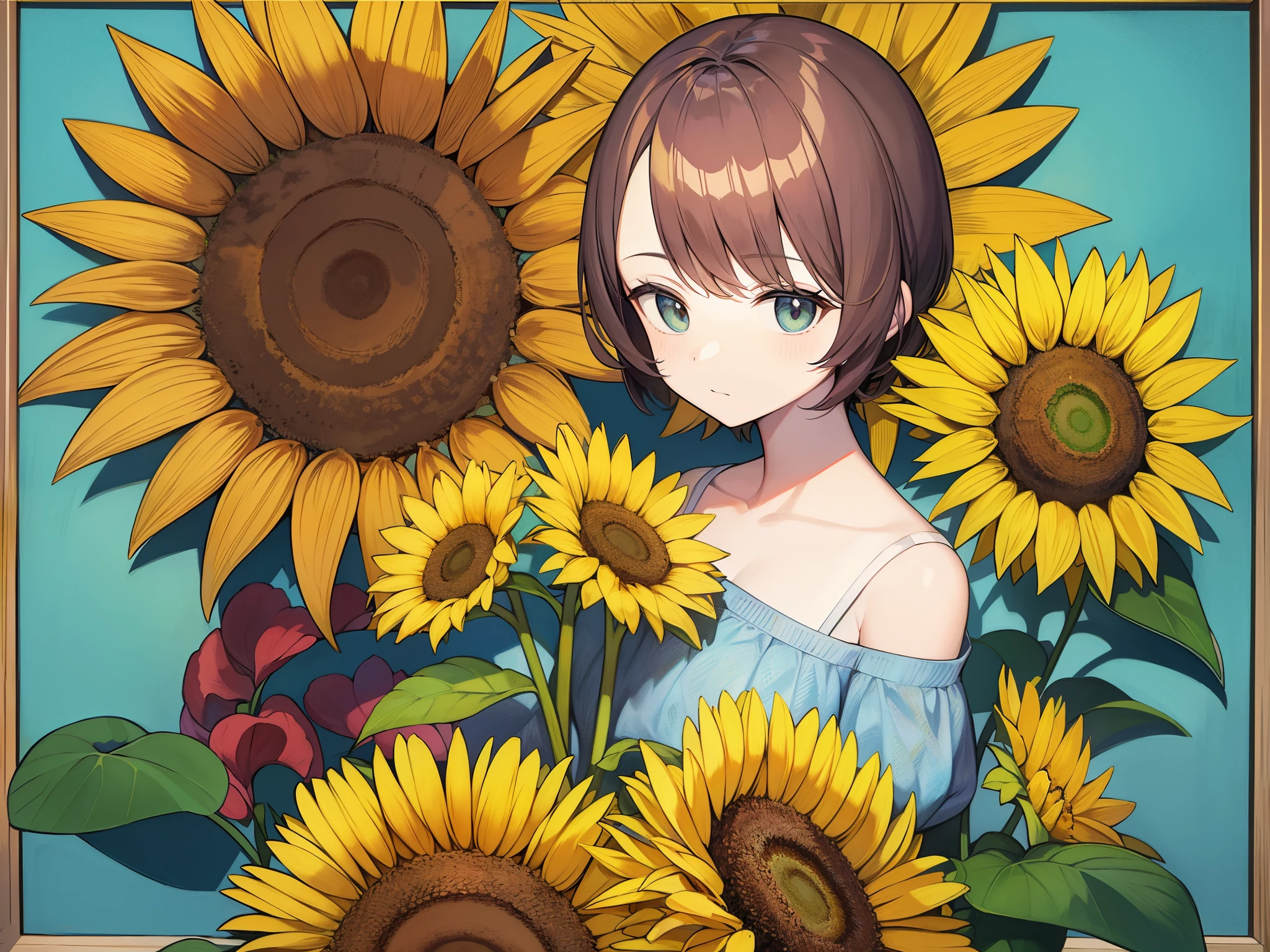 top-quality、Masterpiece、detaileds、『Sun flower』(french: Les Tournesols、dutch: Zonnebloemen、english: Sunflowers)ha、Painted by Vincent van Gogh between August 1888 and January 1890、It is the name of several paintings whose motif is sunflowers arranged in vases.。Sunflowers for Van Gogh、The bright sun of southern France、It is said that it was a symbol of utopia.。 The sunflowers I painted extensively during my stay in Arles.、This is also based on the fact that he has not painted since he began treatment at a mental hospital.。as a group of works『Sun flower』Van Gogh created about the score and「Oil painting with a motif of sunflowers in a vase」If the definition is、It is widely accepted that 7 works were created.。Of these, 6 items still exist。In addition to this、A total of 11 items, including those created in Paris.(or 12 points)There is a definition that、This includes compositions that are not placed in a vase.。In this section, we mainly focus on the former「sunflowers in a vase」I will describe a group of works that have almost the same composition as。Regarding the reason why there are multiple works with similar compositions,、It was the base of life and production in Arles.「yellow house」There is a theory that it was used to decorate the room of。Van Gogh is、『Madame Roulin The Woman Who Rocks the Cradle』With the work called in the center、『Sun flower』(Munich、London、Amsterdam、4 points in Tokyo)In the letter, he wrote about the idea of displaying two of the works on either side.。consequently、These works are studies、Rather than redoing something that didn't work,、It seems that there was a meaning in having more than one.。This is the Sompo Japan Togo Seiji Museum in 2003.(Current Sompo Museum of Art)This was realized at the special exhibition of。