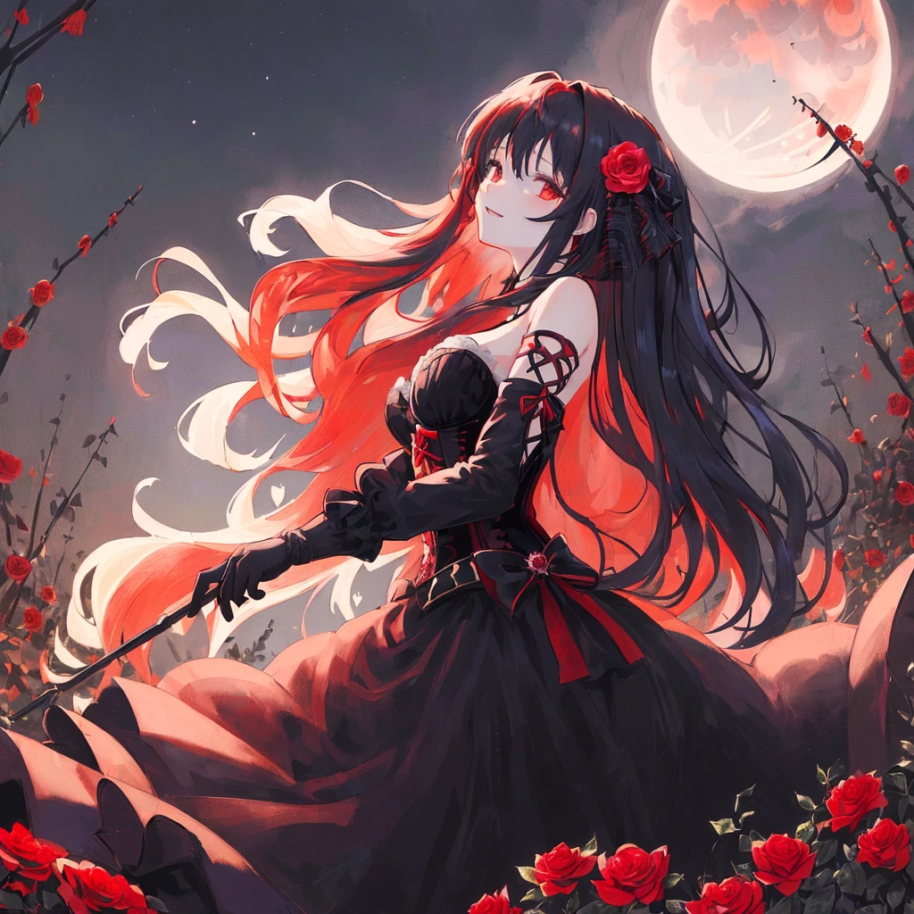happy,(((masterpiece))),best quality,,black corset dress,(((Hair length to the shoulders))),from front,(red long hair), (1 girl),hand in own hair,rose flower garden,wind,red eye,looking up,((night sky)),((red moon)),(wariza:1.3),black gloves,red rose hair ornaments,moonlight