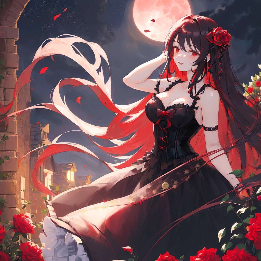 happy,(((masterpiece))),best quality,,black corset dress,(((Hair length to the shoulders))),from front,(red long hair), (1 girl),hand in own hair,rose flower garden,wind,red eye,looking up,((night sky)),((red moon)),(wariza:1.3),black gloves,red rose hair ornaments,moonlight