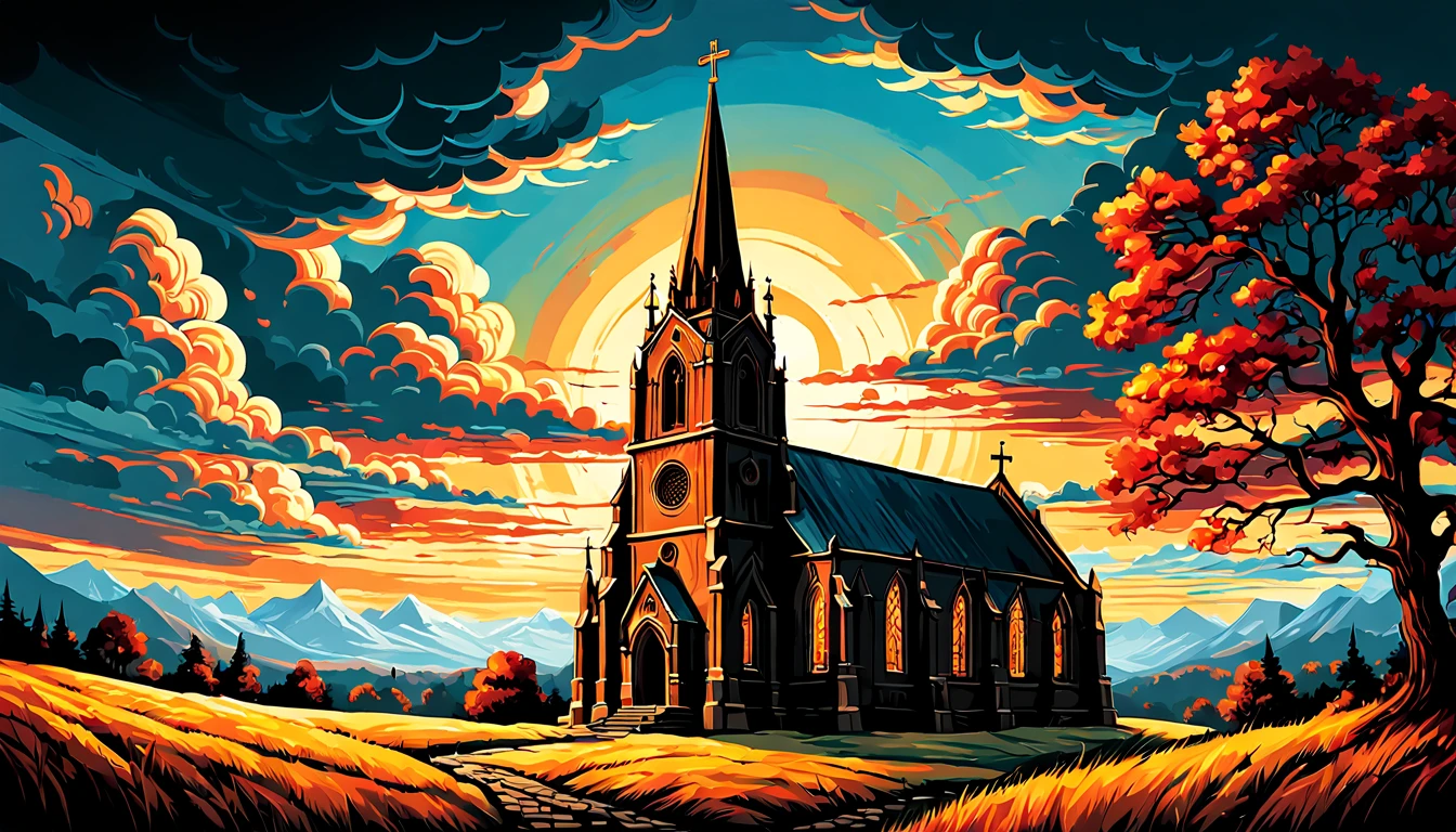 Painting of the church at Ruigurd with a tower and sky in the background, based on Dan Mumford, Dan Mumford and Alex Gray Style, In the style of Dan Mumford, In the art style of Dan Mumford, Dan Mumford Paint, El Bosco and Dan Mumford, Anton Fadeev and Dan Mumford, Painting by Dan Mumford, by Dan Mumford, jen bartel