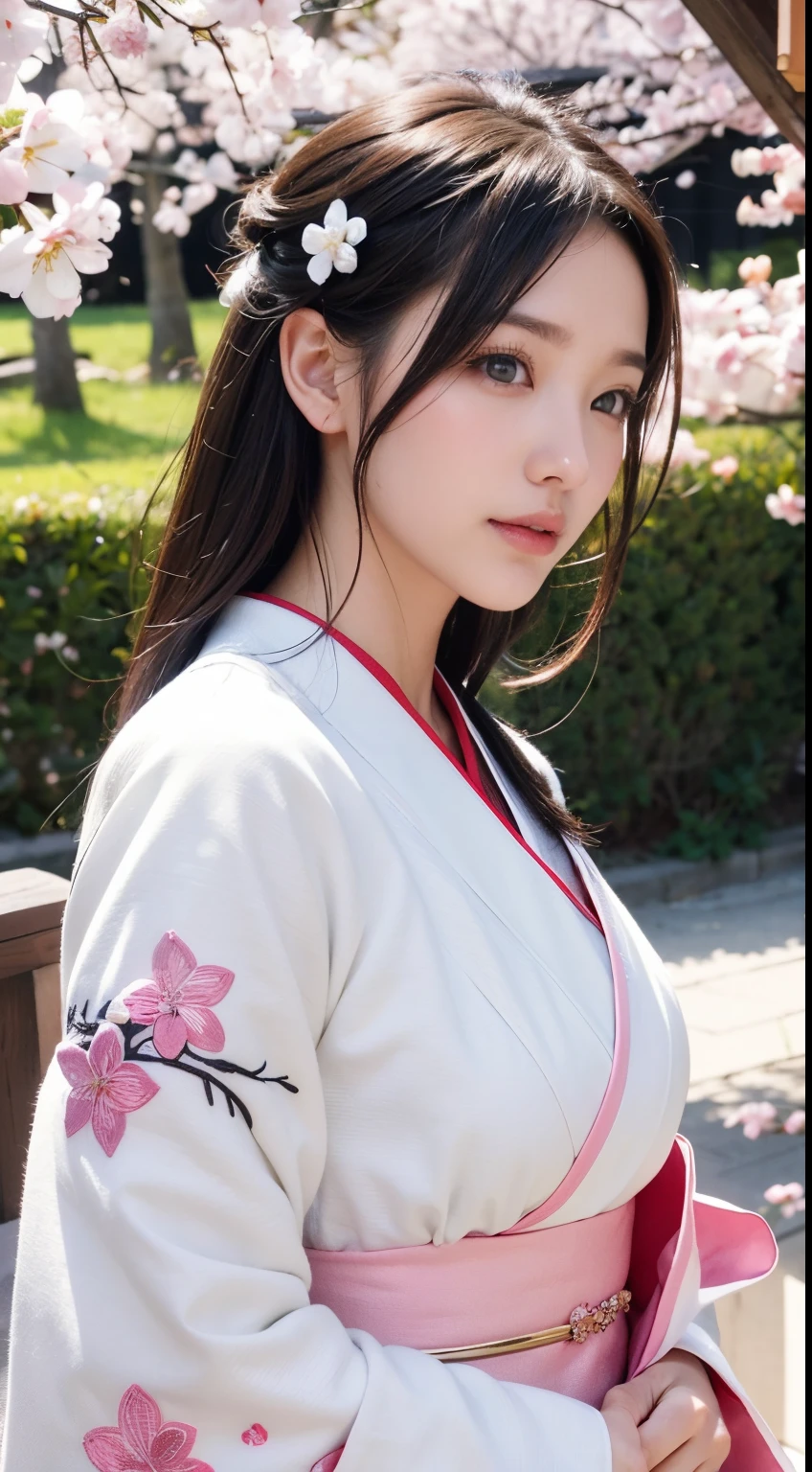 (A logo、masterpiece、8K、masutepiece、Raw photo、Fantastic、Best Quality、8K wallpaper that combines photorealism and high-definition CG、hightquality、ighly detailed、epic poem、Particle effect、Dynamic effects、depth of fields、Cinematic Light、Lens Flare、Ray tracing)、Fantasia、 (Beauty 1 person、White Japanese Clothing、Japanese dress、White cherry blossom pattern、White cherry blossom embroidery pattern、A dark-haired、Beautiful face、Real Face、beautiful details eyes beautiful skin)、Hair flutters in the wind、Hair jumps、Pink cherry blossom tree、Petals flutter、Sakura blizzard、Superb view、morning glow、Sun in the background、the wind、Deities、tusk、myth、Vast Land、