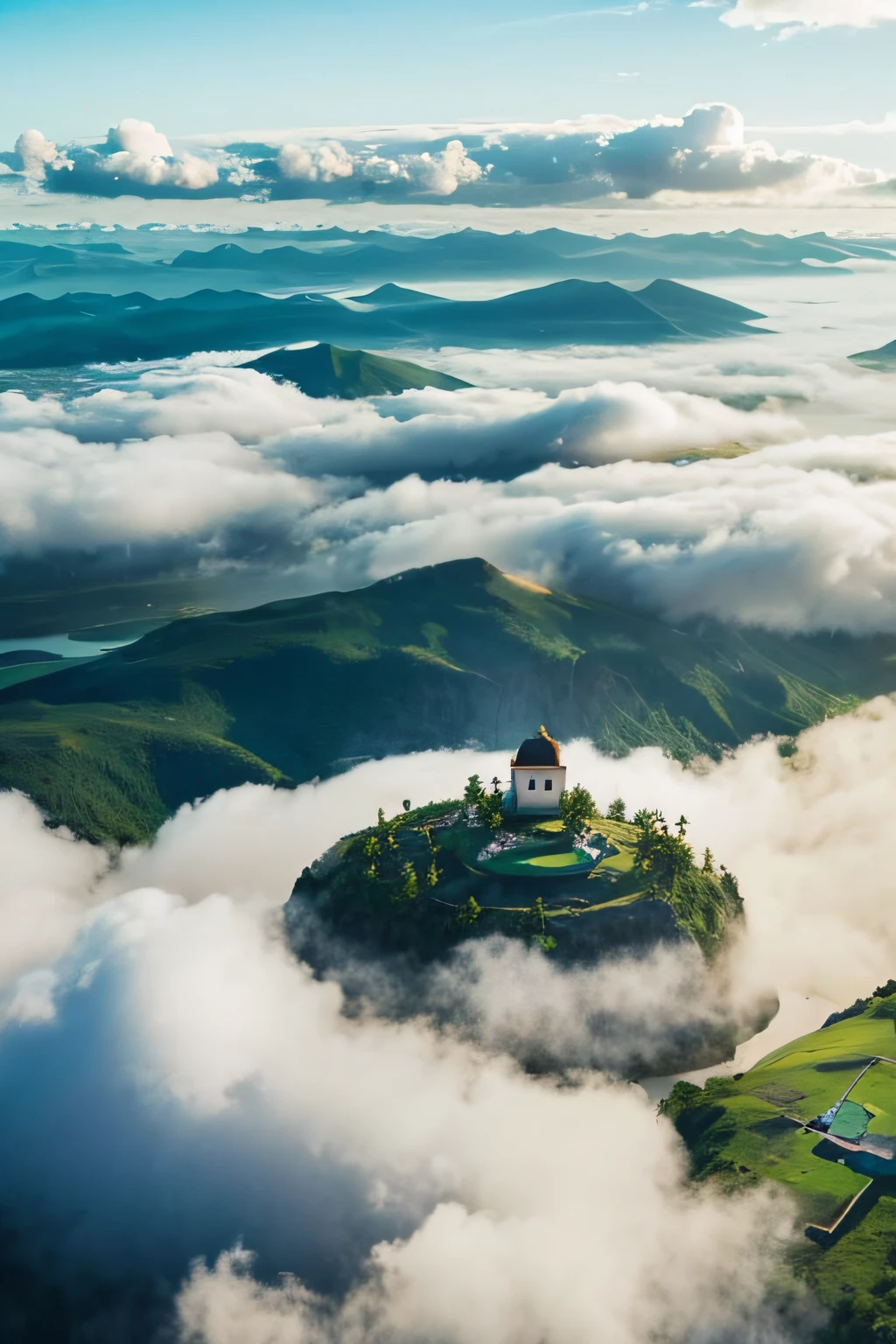 An island magically floating above the clouds,There is a campsite on the island