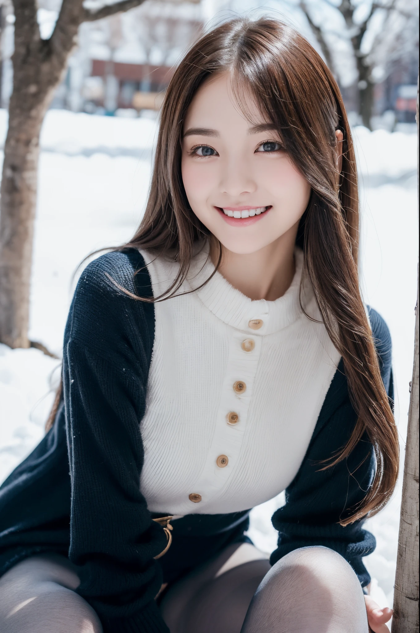 ulzzang -6500-v1.1, (Raw photo:1.2), (Photorealsitic), a beautiful detailed girl, (Real: 1.4), extremely detailed eye and face, beatiful detailed eyes, ((ladies business fashion ))、((Wear ultra-realistic pantyhose)), selfee、Instagram、game_nffsw, huge filesize, hight resolution, ighly detailed, top-quality, [​masterpiece:1.6], illustratio, ighly detailed, nffsw, finely detail, top-quality, 8k wallpaper, Cinematographic lighting, 1girl in, , perfect body type, cute droopy eyes beautiful big eyes、Pieckfinger, ((masutepiece)), Best Quality, 1girl in, eye shadow, Portrait, ((FULL BODYSHOT:1.4))、(Very affectionate smile:1.2)、sitting on a rotten tree,((Dynamic Pose)), Snow and winter background, Playing in the snow, snowball,　realistic skin textures、shinny skin、Exposed thighs!!!
