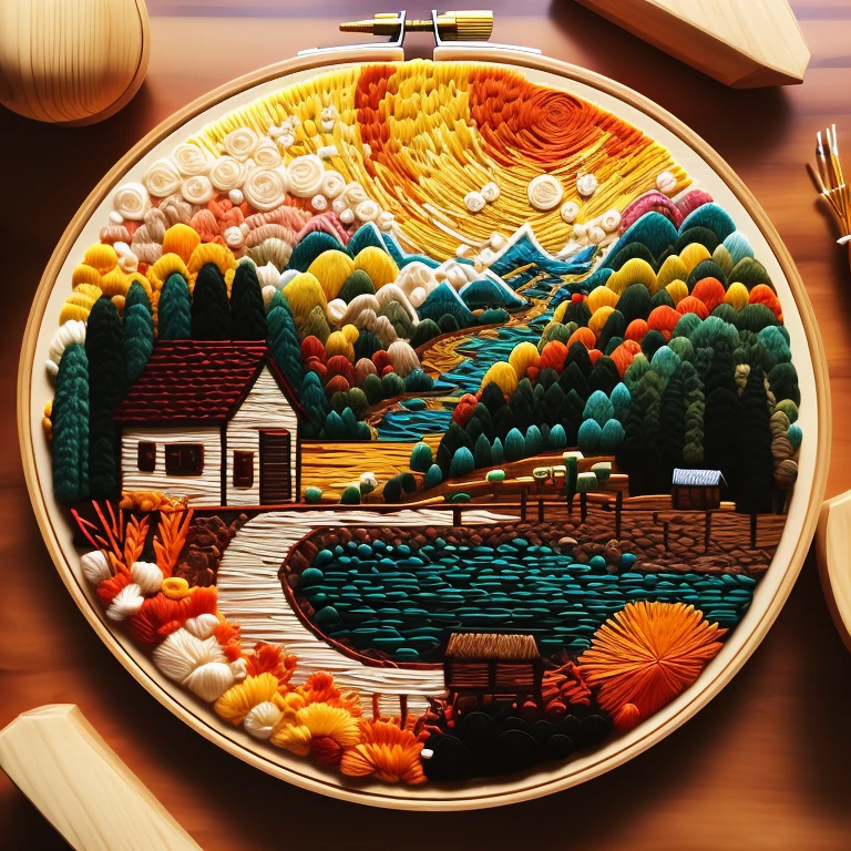 a beautiful cottage, scotland coastal village, (embroidery circle, 3d framed embroidery, macro detailed stitching, intricate fabric texture:1.3), needle embroidery, Needlepoint, (best quality, masterpiece, Representative work, official art, Professional, unity 8k wallpaper:1.3)