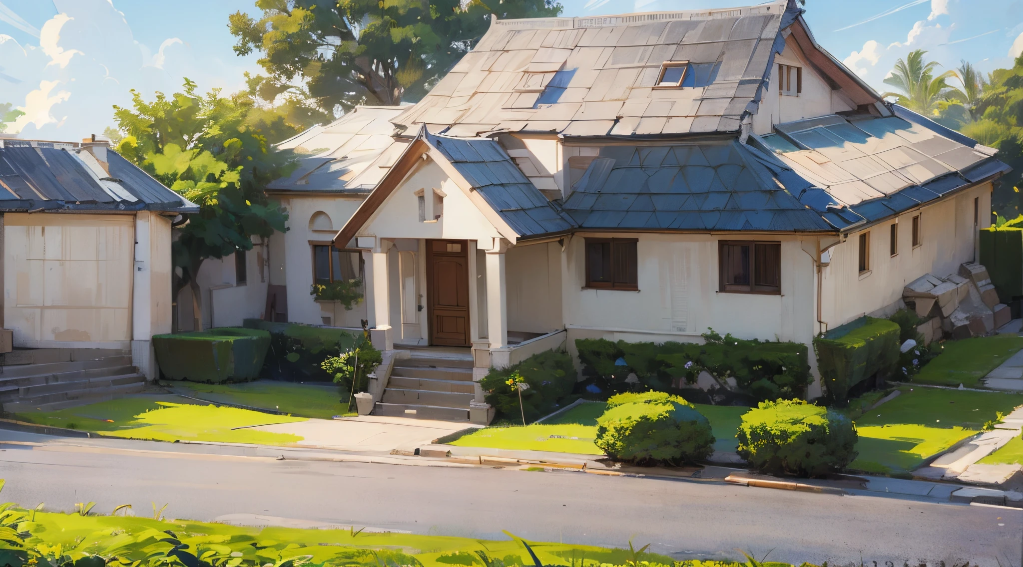 (anime style background illustration):1.5, white neoclassical house, stairs, rock motive wall, road, yard, trees, in the background,