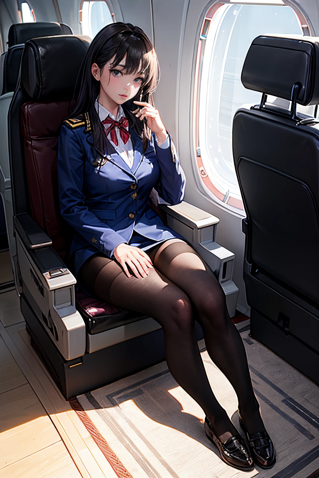 (8K, highest quality raw, masutepiece:1.2),high-definition RAW color photography,(professional photograpy:1.2),(),1girl in,
jet aircraft cabin,Stewardess in elegant uniform,Sheer pantyhose,Light from the windows creates a warm and cozy space..,,Beautiful face,Full body,Take a seat